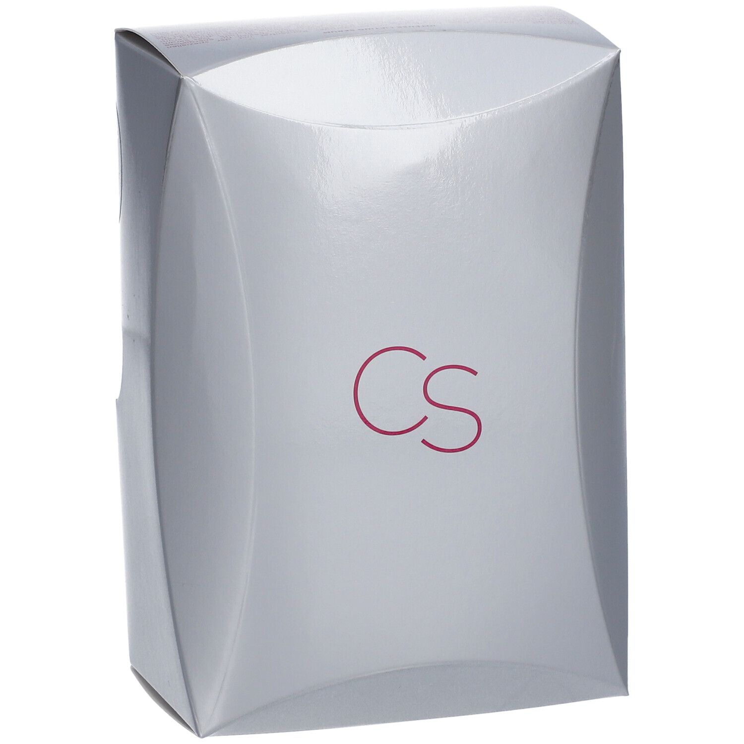 Emballage gris brillant aux bords arrondis. Les lettres "cs" en rouge sont imprimées sur le devant.