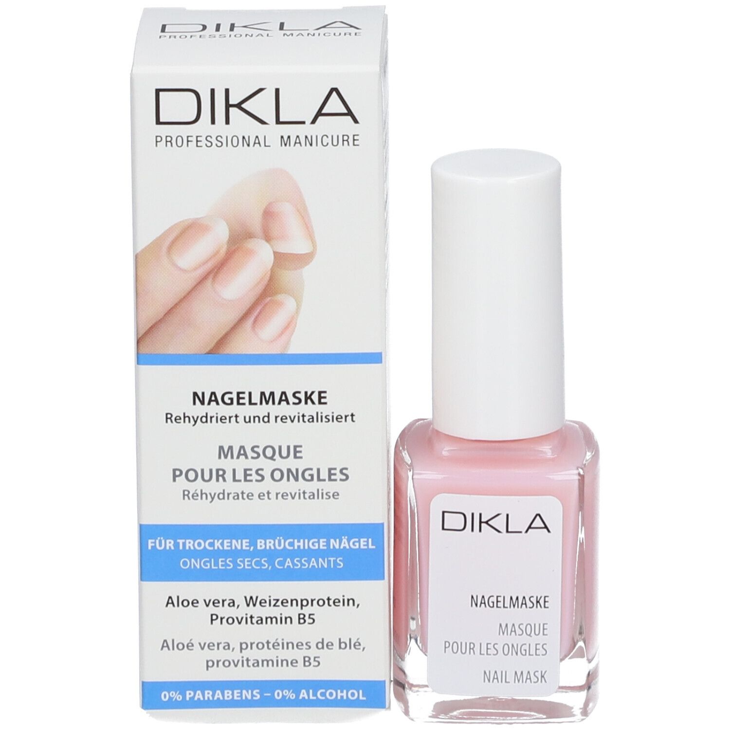 Masque pour ongles avec emballage. Flacon et boîte. Sur la boîte : nom du produit, ingrédients, marque.