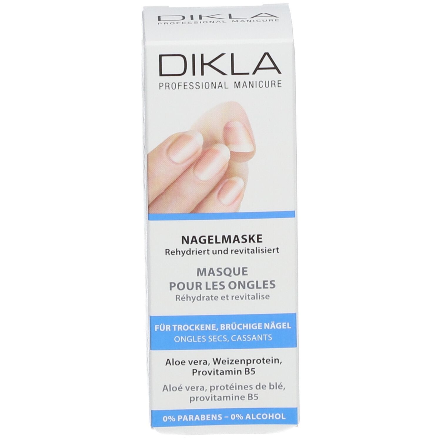 Emballage du masque pour ongles. Sur l'emballage : nom du produit, ingrédients, marque et image d'ongles.