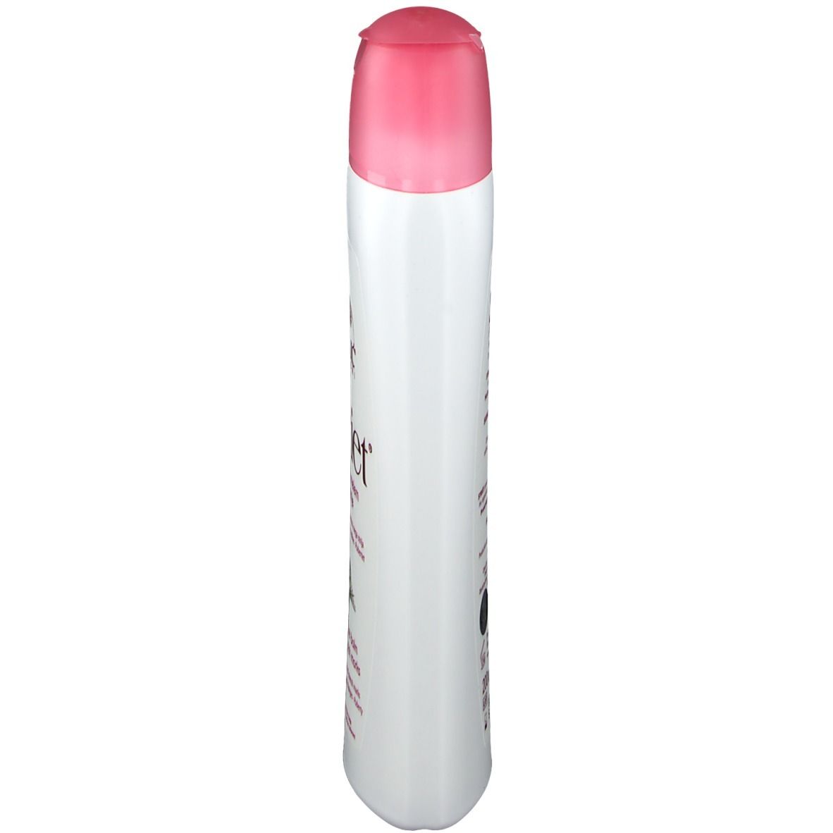Flacon blanc avec bouchon rose. Vue du produit de dessus.