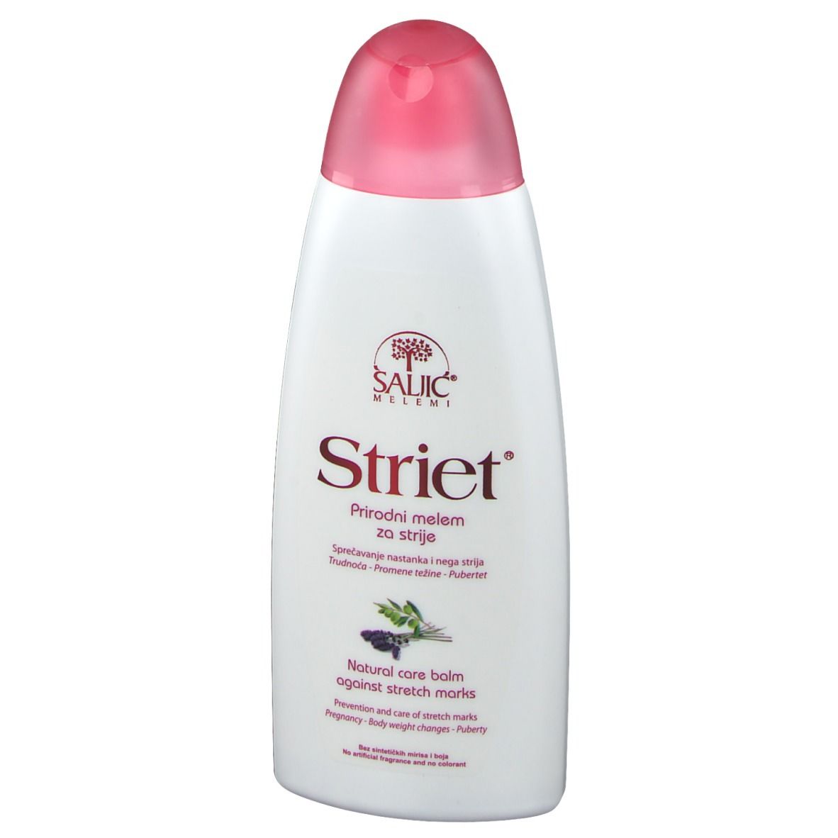 Flacon blanc avec bouchon rose. Inscription Striet, baume naturel contre les vergetures.