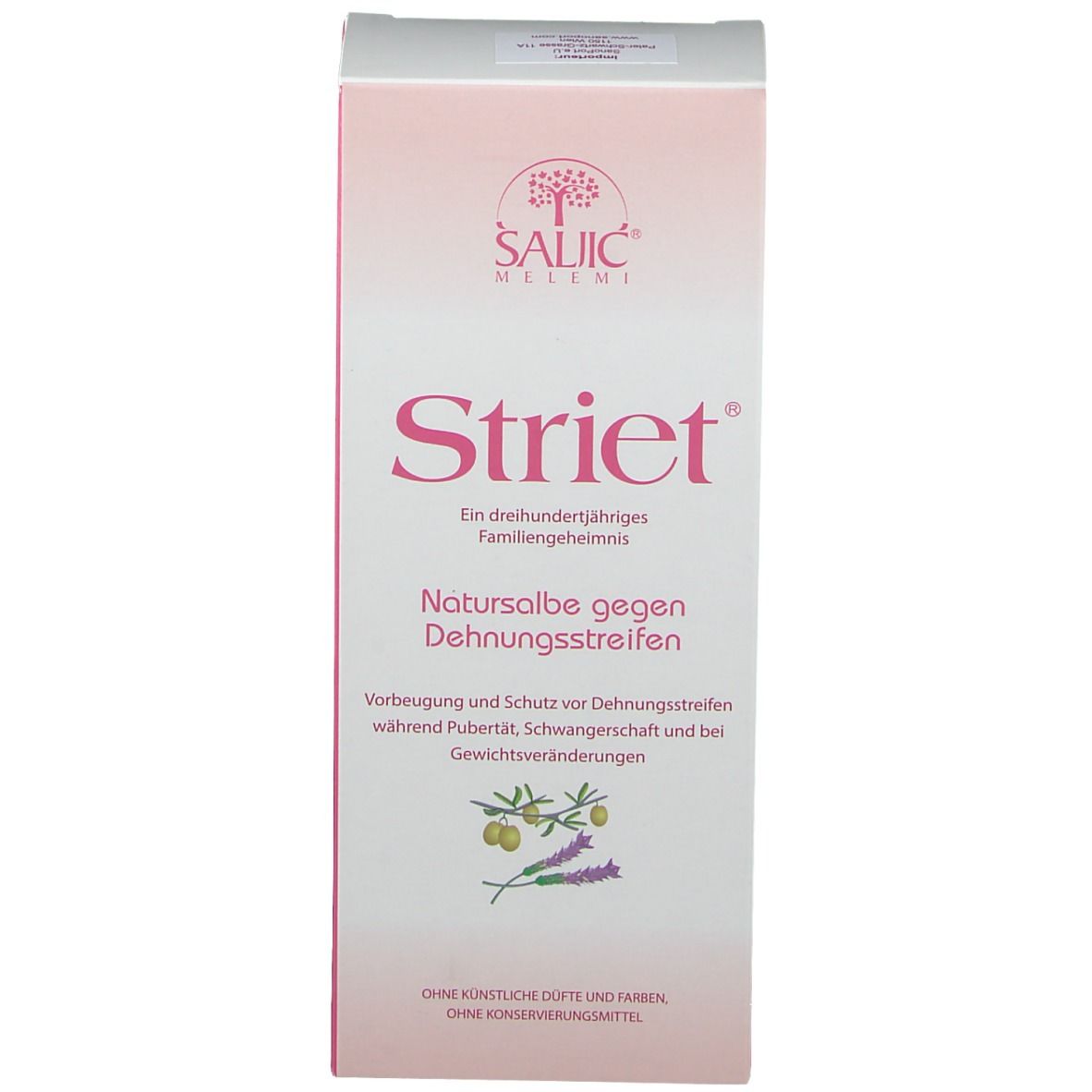 Emballage du produit. Inscription Striet, pommade naturelle contre les vergetures.