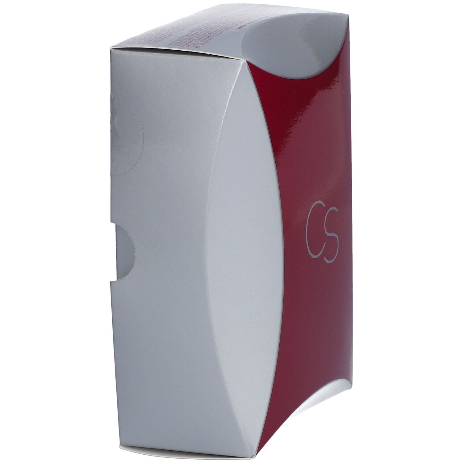 Boîte grise et argent avec une zone rouge. Une découpe latérale est visible.