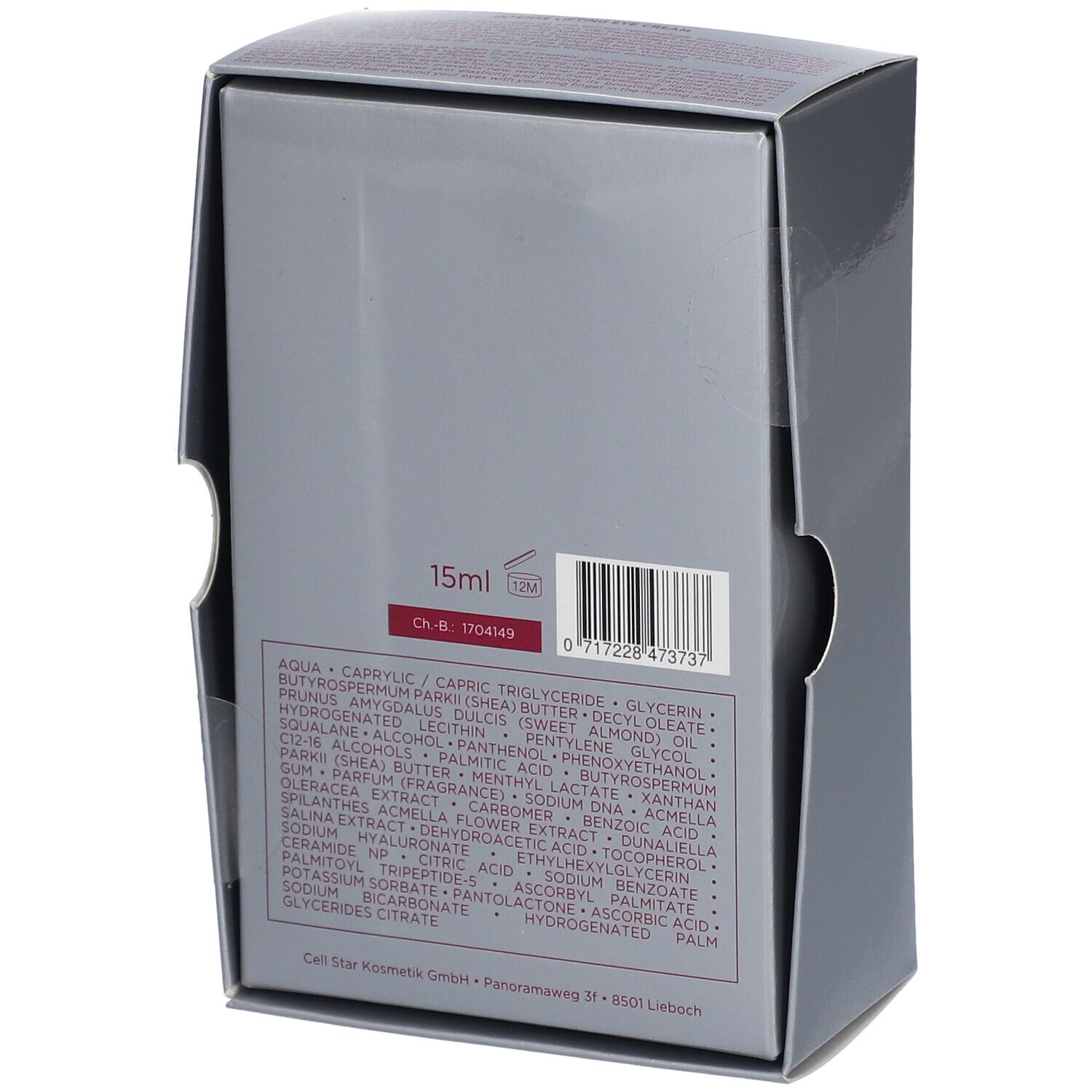 Dos de la boîte. Ingrédients, code-barres et indication 15ml.
