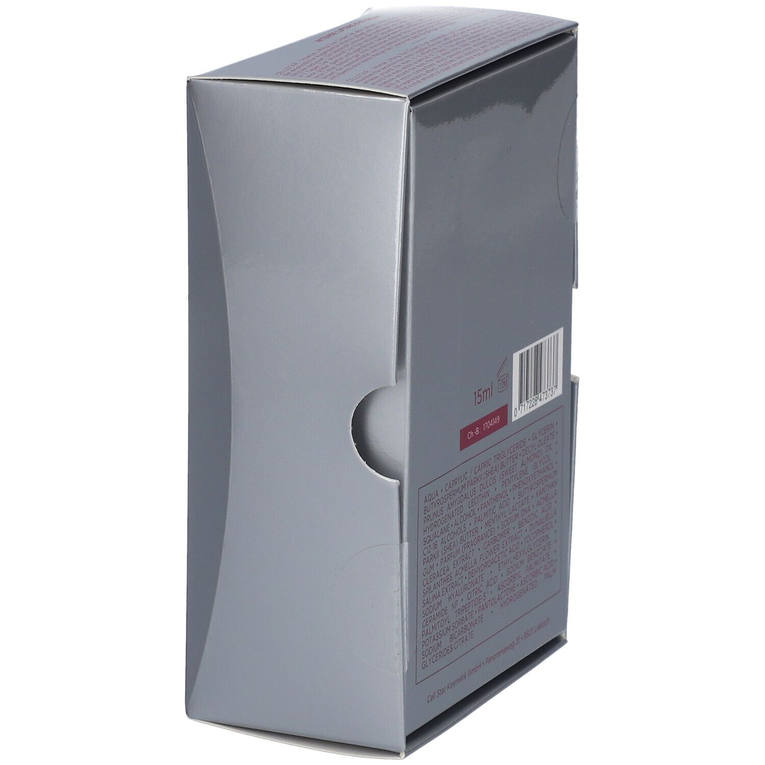 Boîte grise et argent avec une zone rouge. Une découpe latérale est visible.