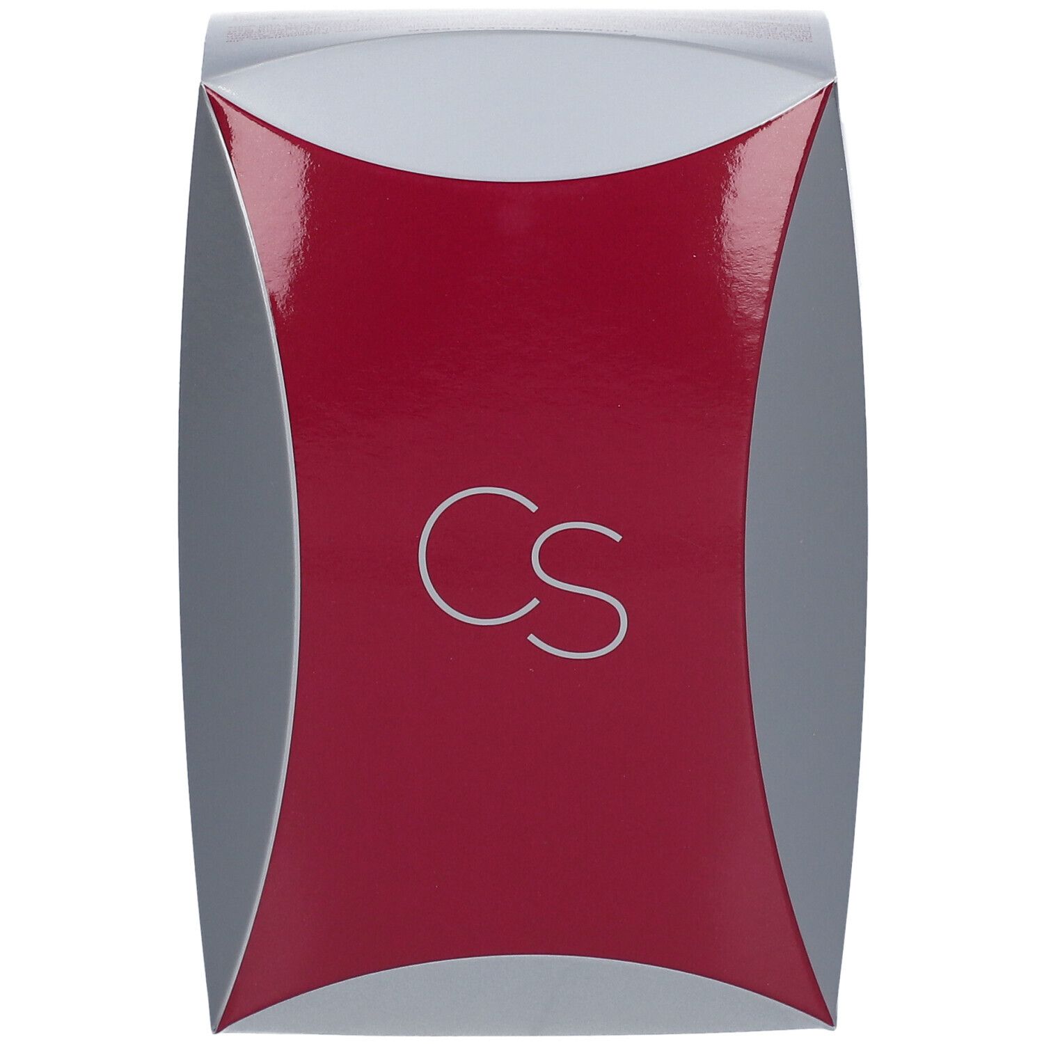 Vue de dessus de la boîte. Grise, rouge et argent. Logo "CS".