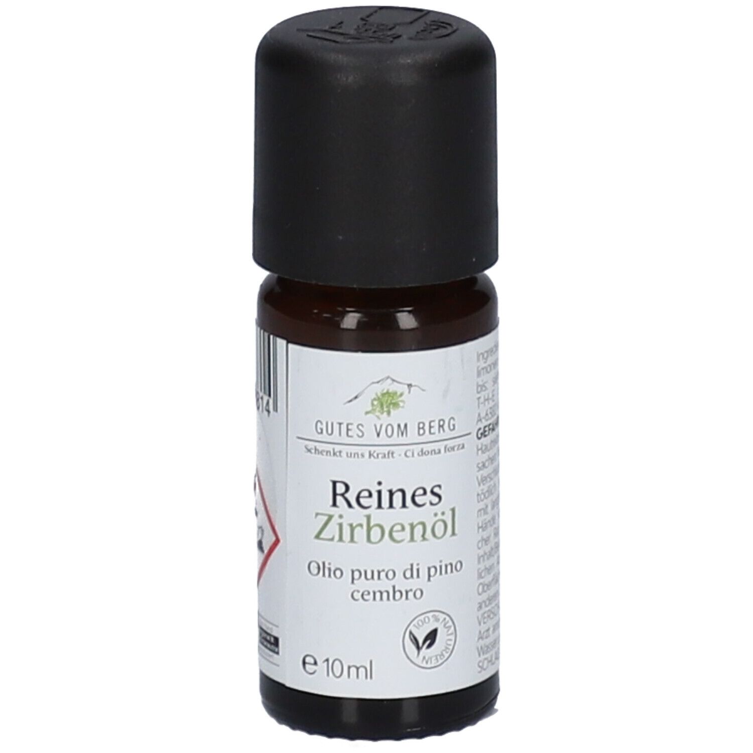 Flacon en verre brun avec bouchon noir. Étiquette avec nom du produit et logo. 10ml.