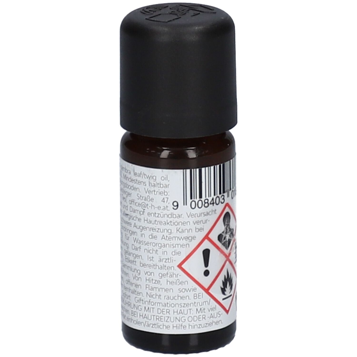 Flacon en verre brun avec bouchon noir. Étiquette avec symboles de danger et texte. 10ml.