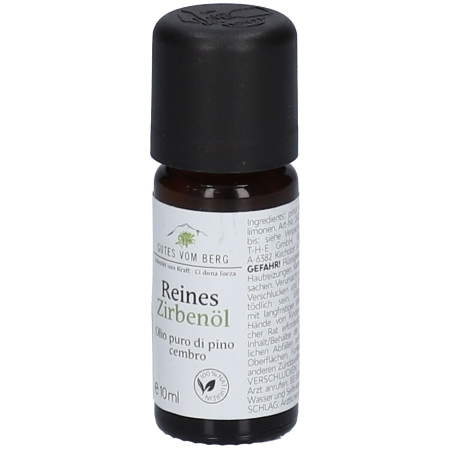 Flacon en verre brun avec bouchon noir. Étiquette avec nom du produit et logo. 10ml.