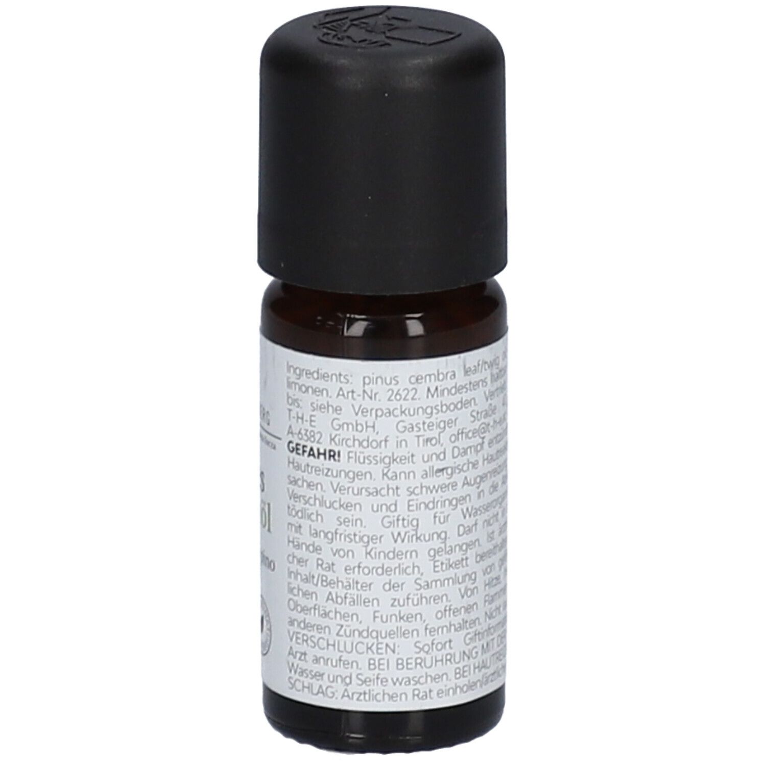 Flacon en verre brun avec bouchon noir. Étiquette avec texte et logo. 10ml.