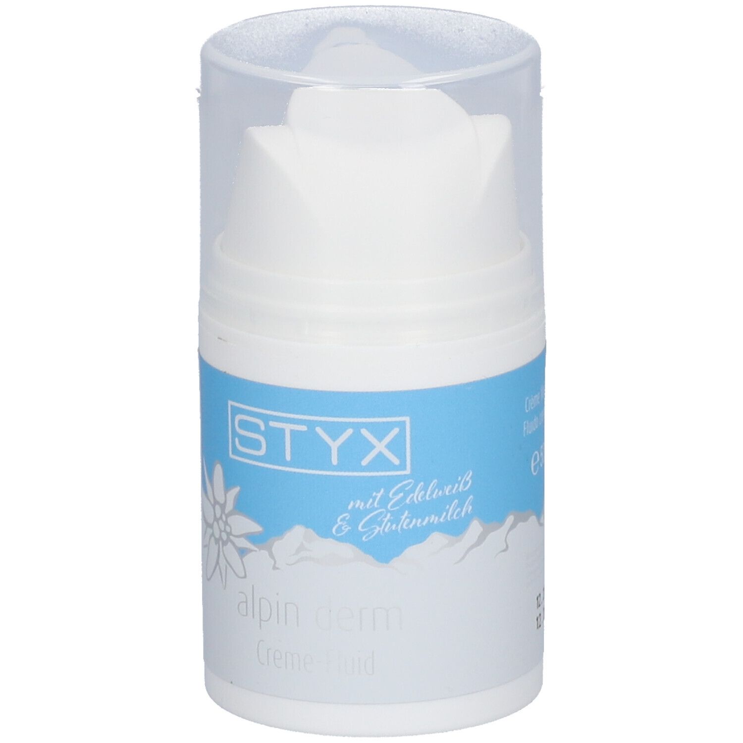 Distributeur blanc avec étiquette bleue. Inscription STYX, fleur des Alpes, alpin derm Creme-Fluid. Avec Edelweiss & Lait de brebis.