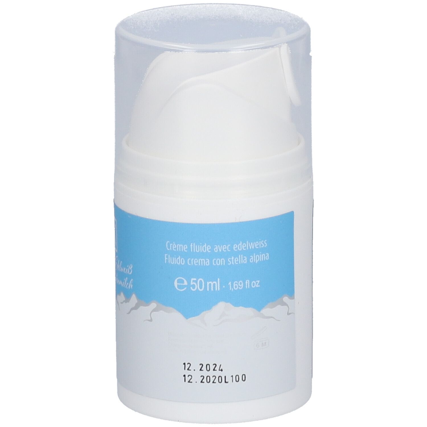 Distributeur blanc avec étiquette bleue. Inscription Creme-Fluid avec Edelweiss. Volume 50 ml. Date de péremption.