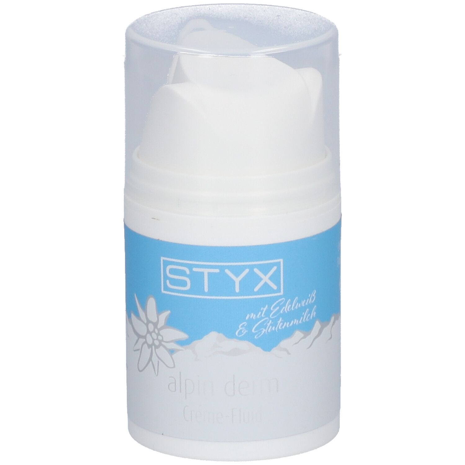 Distributeur blanc avec étiquette bleue. Inscription STYX, fleur des Alpes, alpin derm Creme-Fluid. Avec Edelweiss & Lait de brebis.