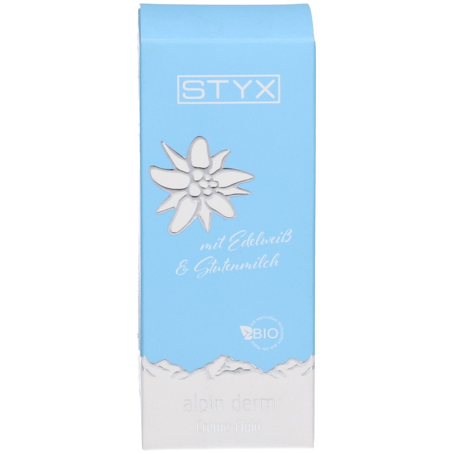 Emballage du produit bleu. Inscription STYX, fleur des Alpes, alpin derm Creme-Fluid. Avec Edelweiss & Lait de brebis. Label bio.