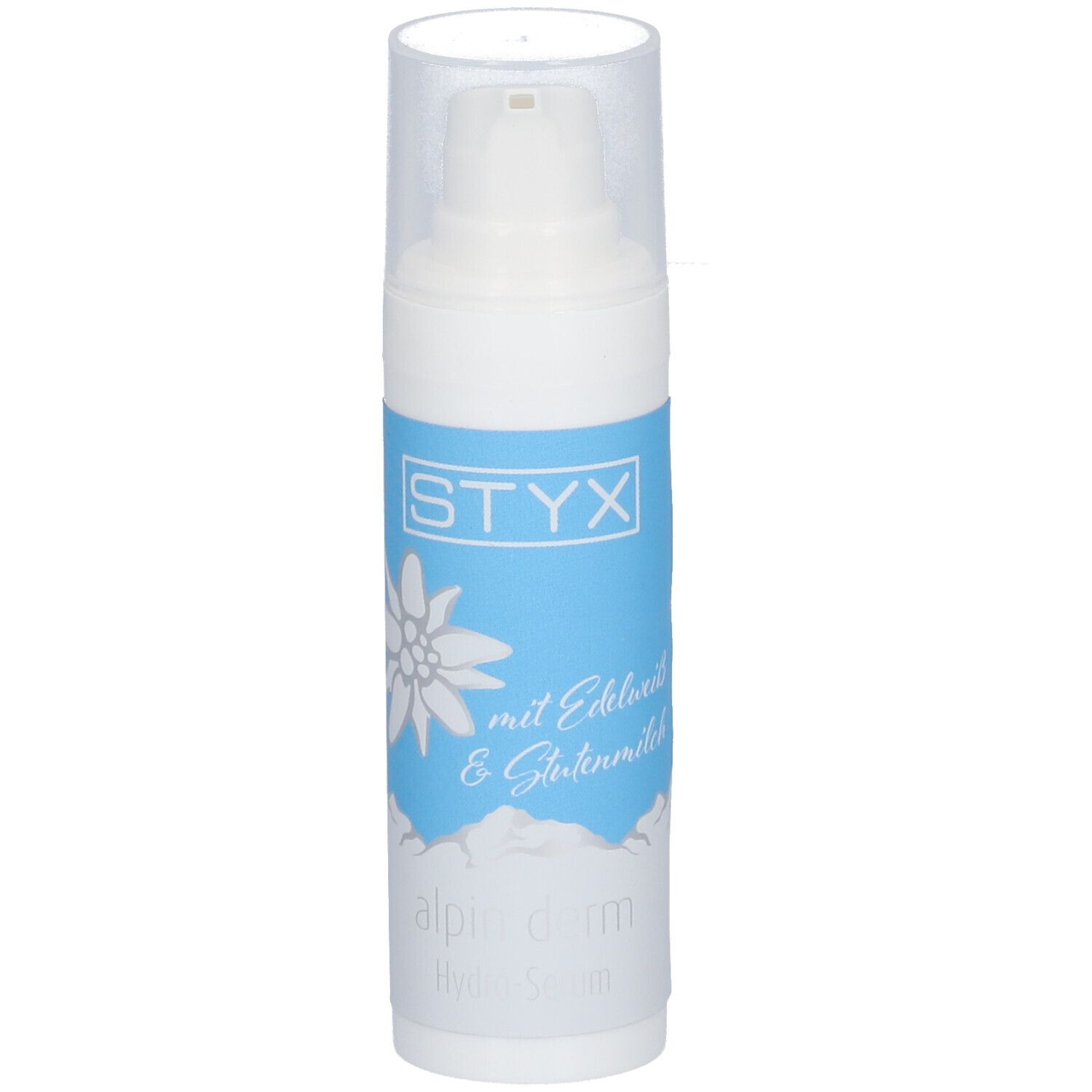 Sérum blanc avec logo STYX, fleur d'edelweiss et texte. Bande bleue. Couvercle transparent.