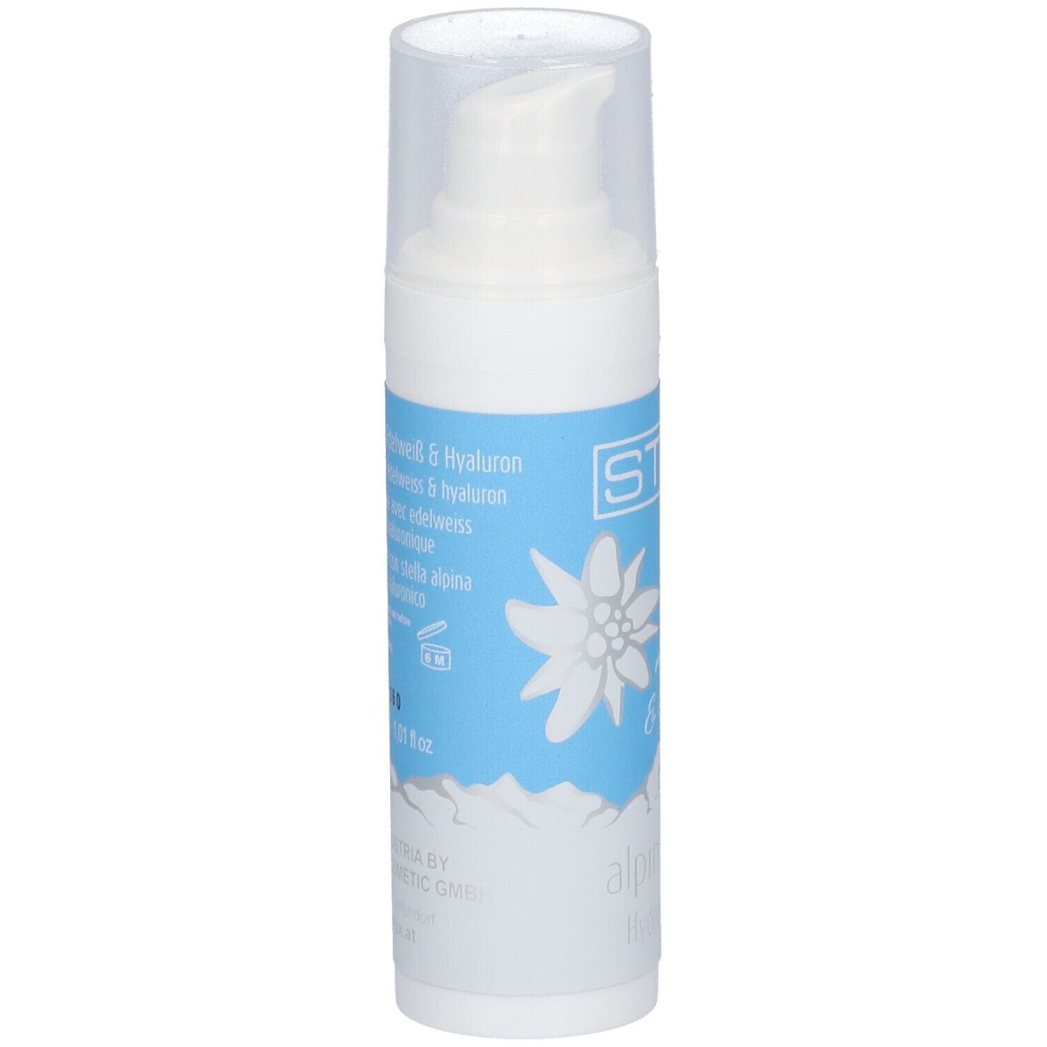 Sérum blanc avec logo STYX, fleur d'edelweiss et texte. Bande bleue. Couvercle transparent.