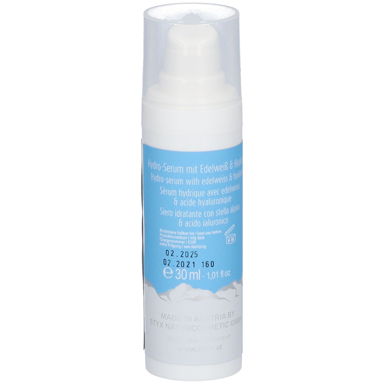 Sérum blanc avec logo STYX, fleur d'edelweiss et texte. Bande bleue. Couvercle transparent. Texte au dos.