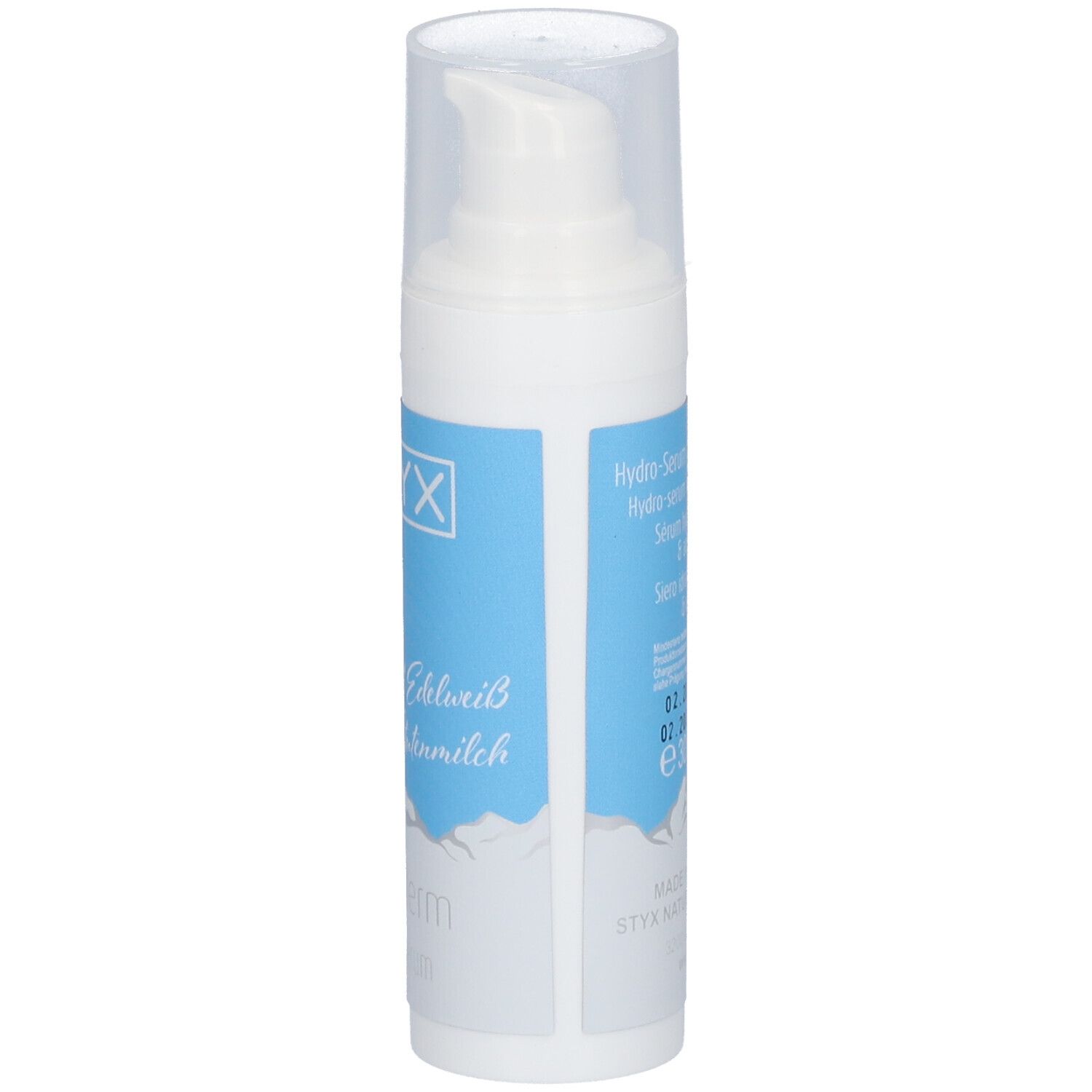 Sérum blanc avec logo STYX, fleur d'edelweiss et texte. Bande bleue. Couvercle transparent.