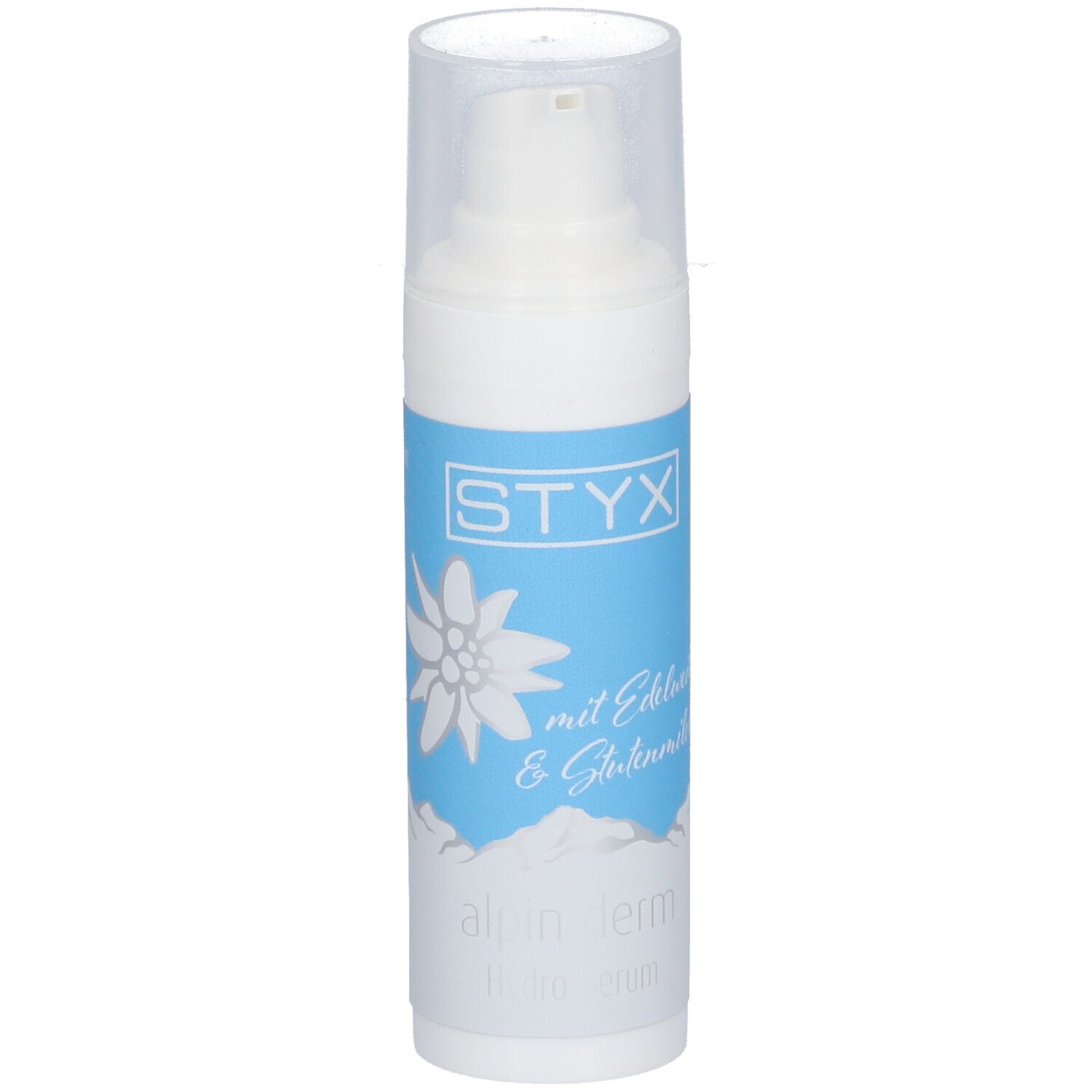 Sérum blanc avec logo STYX, fleur d'edelweiss et texte. Bande bleue. Couvercle transparent.