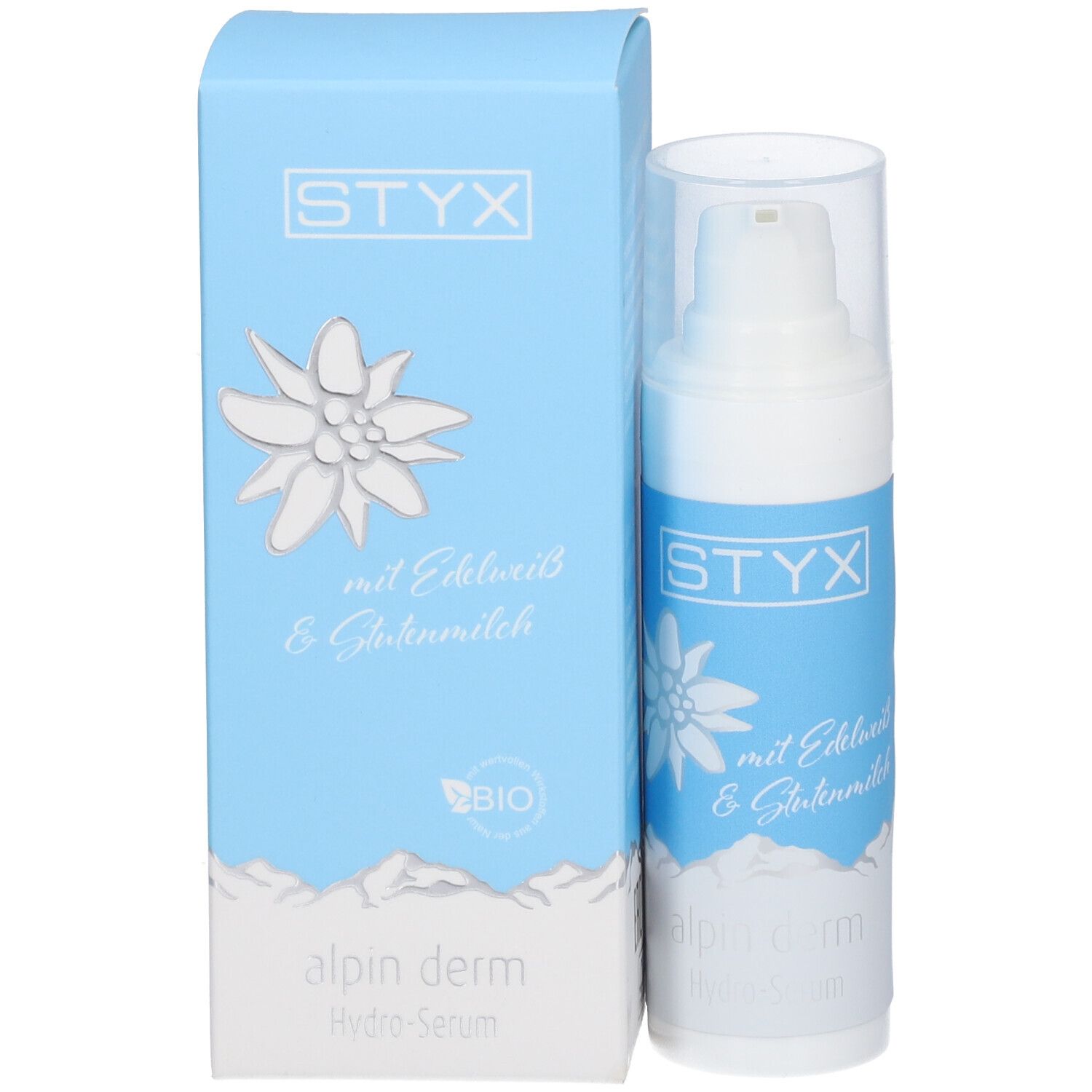Flacon de sérum avec emballage. Logo STYX, fleur d'edelweiss et texte. Emballage bleu avec produit.