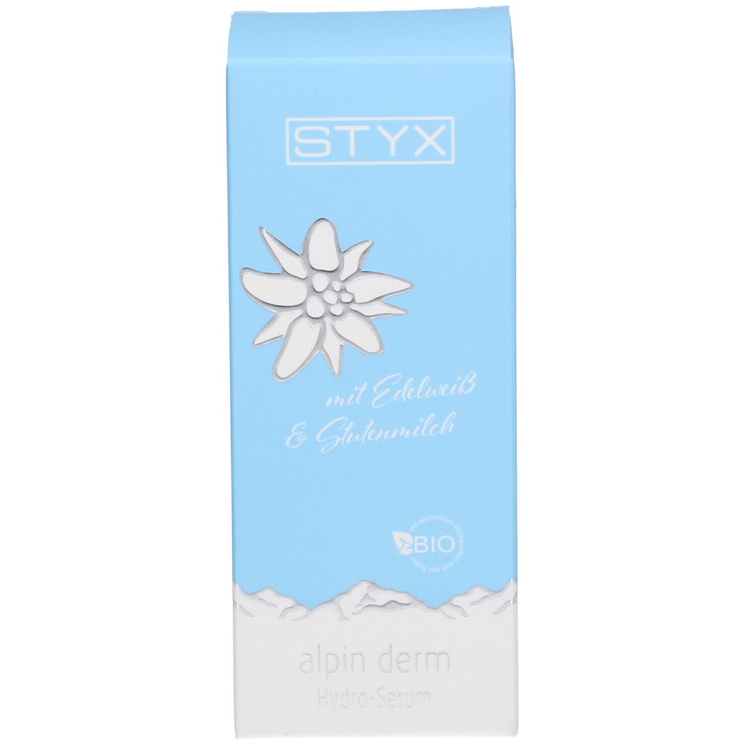 Emballage bleu avec logo STYX, fleur d'edelweiss et texte. Label BIO. Nom du produit.