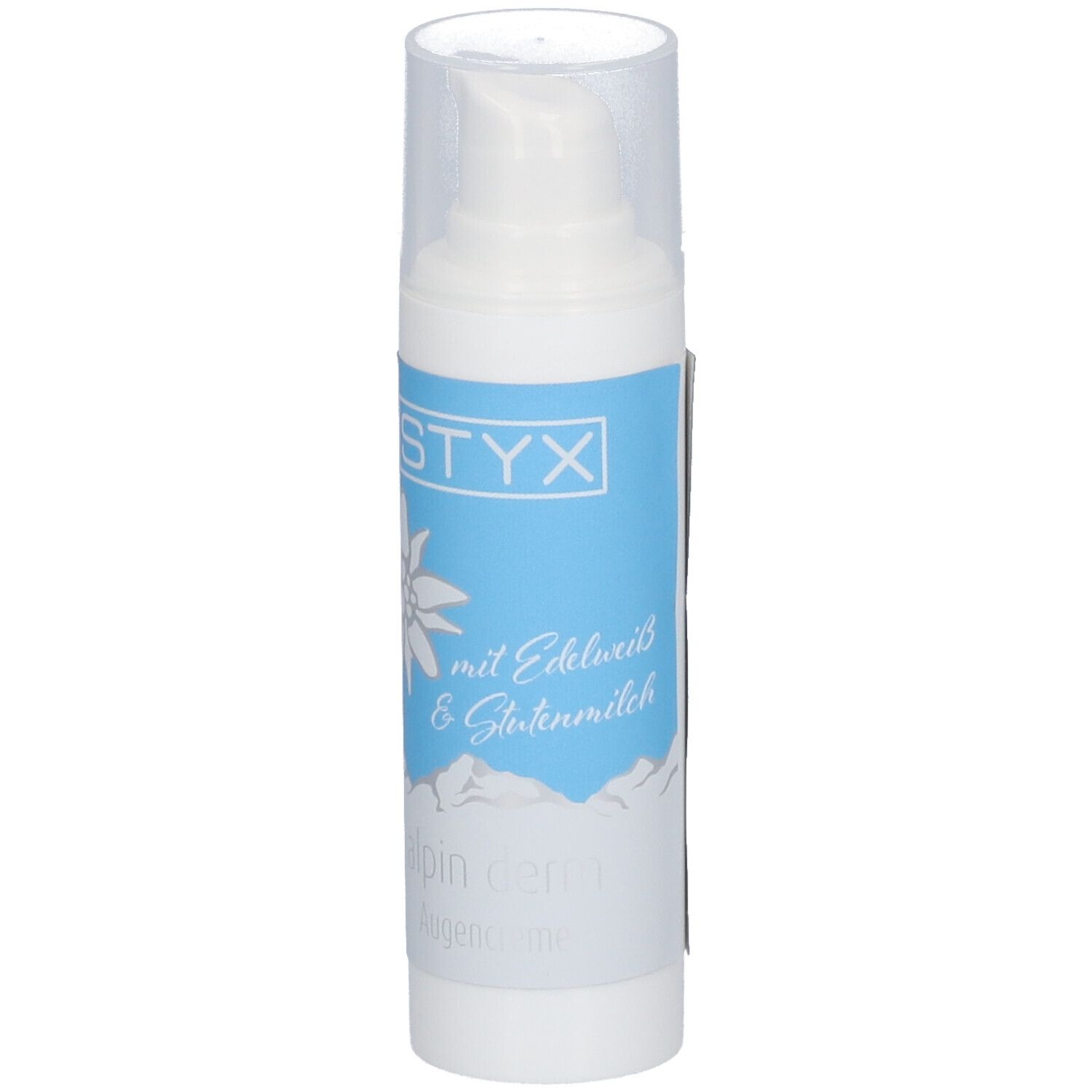 Flacon blanc avec pompe. Étiquette avec logo STYX, fleur d'edelweiss et texte.