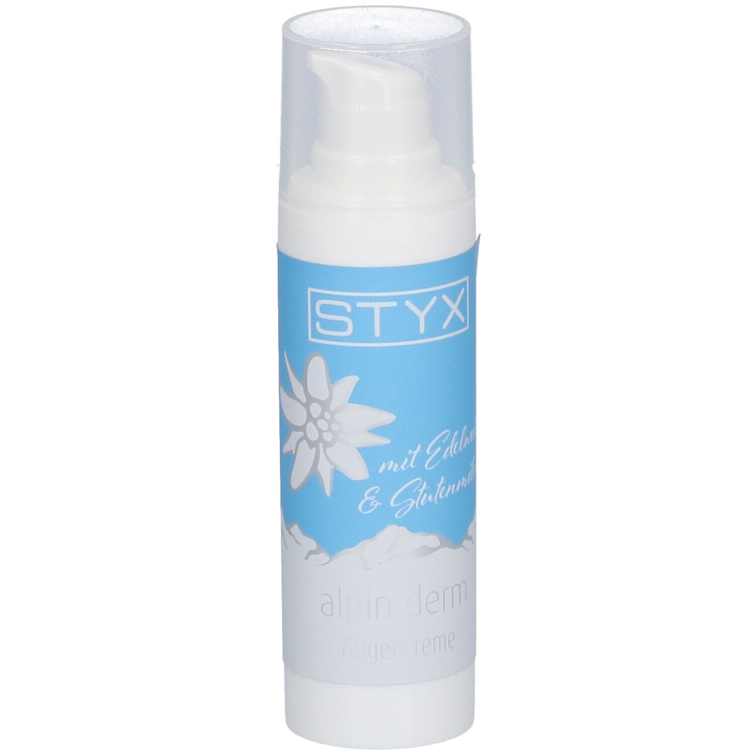 Flacon blanc avec pompe. Étiquette avec logo STYX, fleur d'edelweiss et texte.