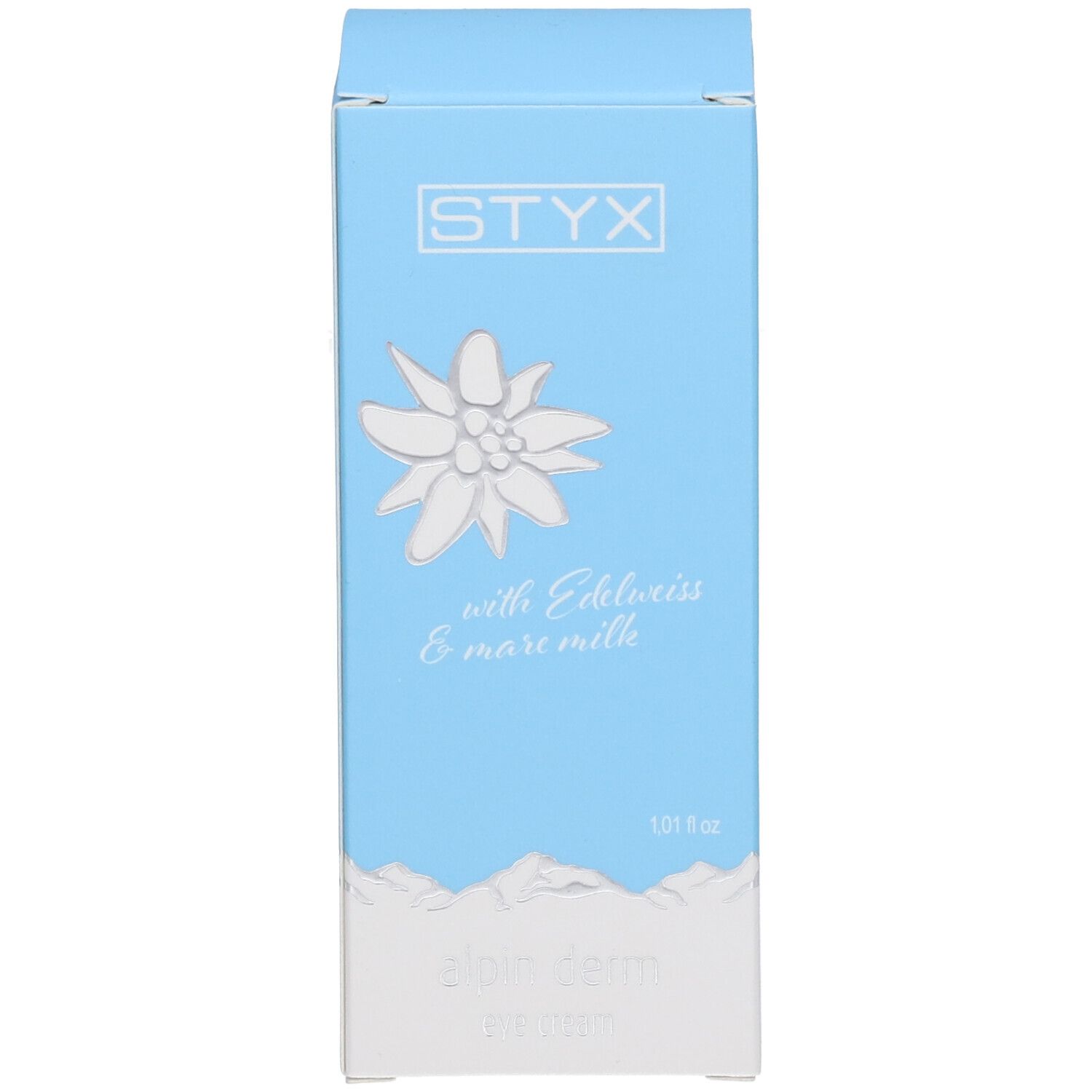 Boîte bleue avec logo STYX, fleur d'edelweiss et texte.