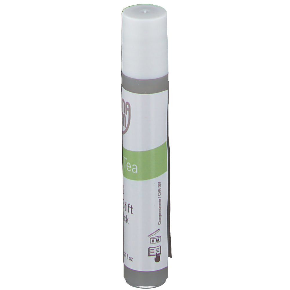 Un bâton blanc avec un capuchon gris et une bande verte. Texte : 'Tea', 'Lippenstift'.