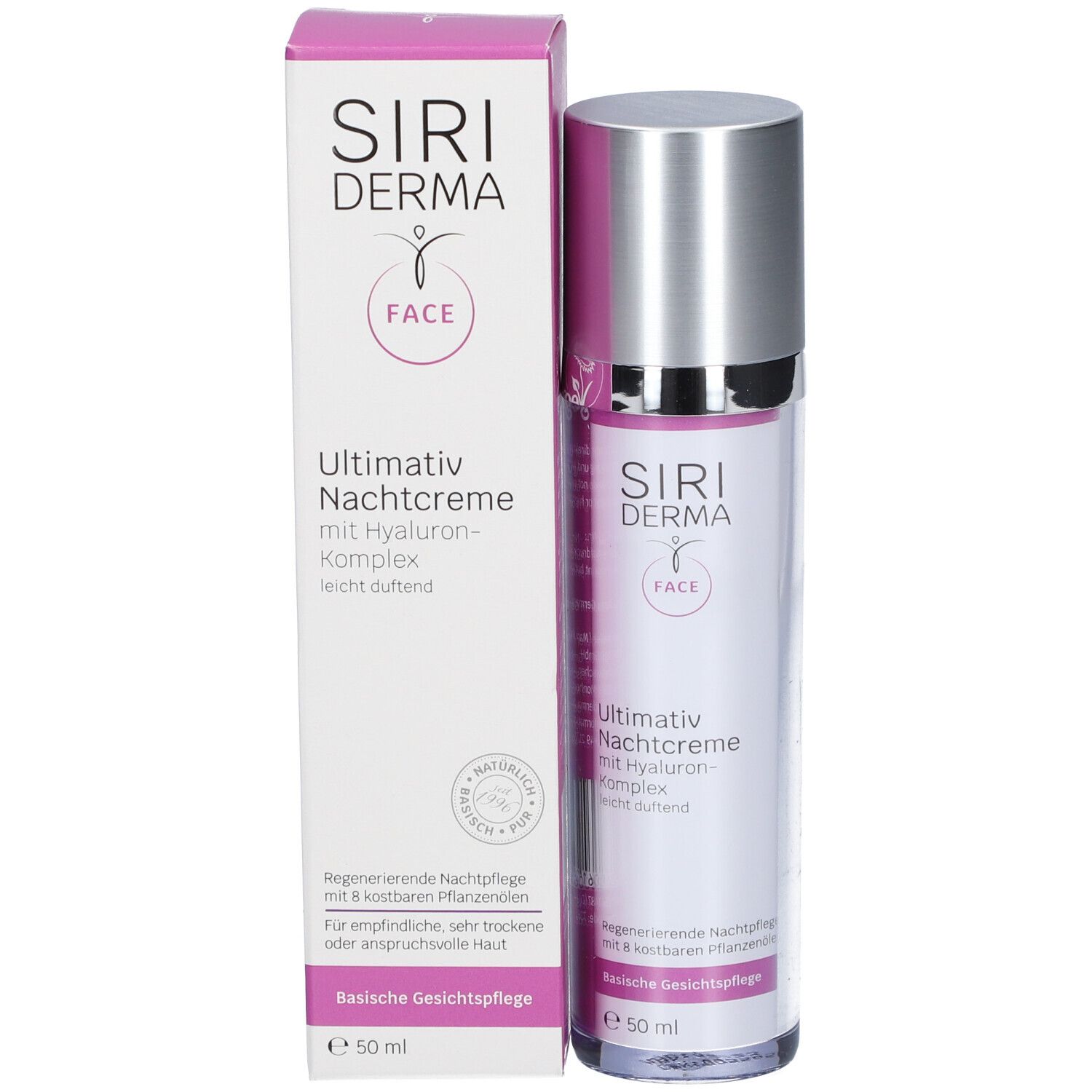 Flacon de crème et boîte. Inscription : Siri Derma Face, Ultimativ Nachtcreme mit Hyaluron-Komplex. 50 ml. Logo Vegan.