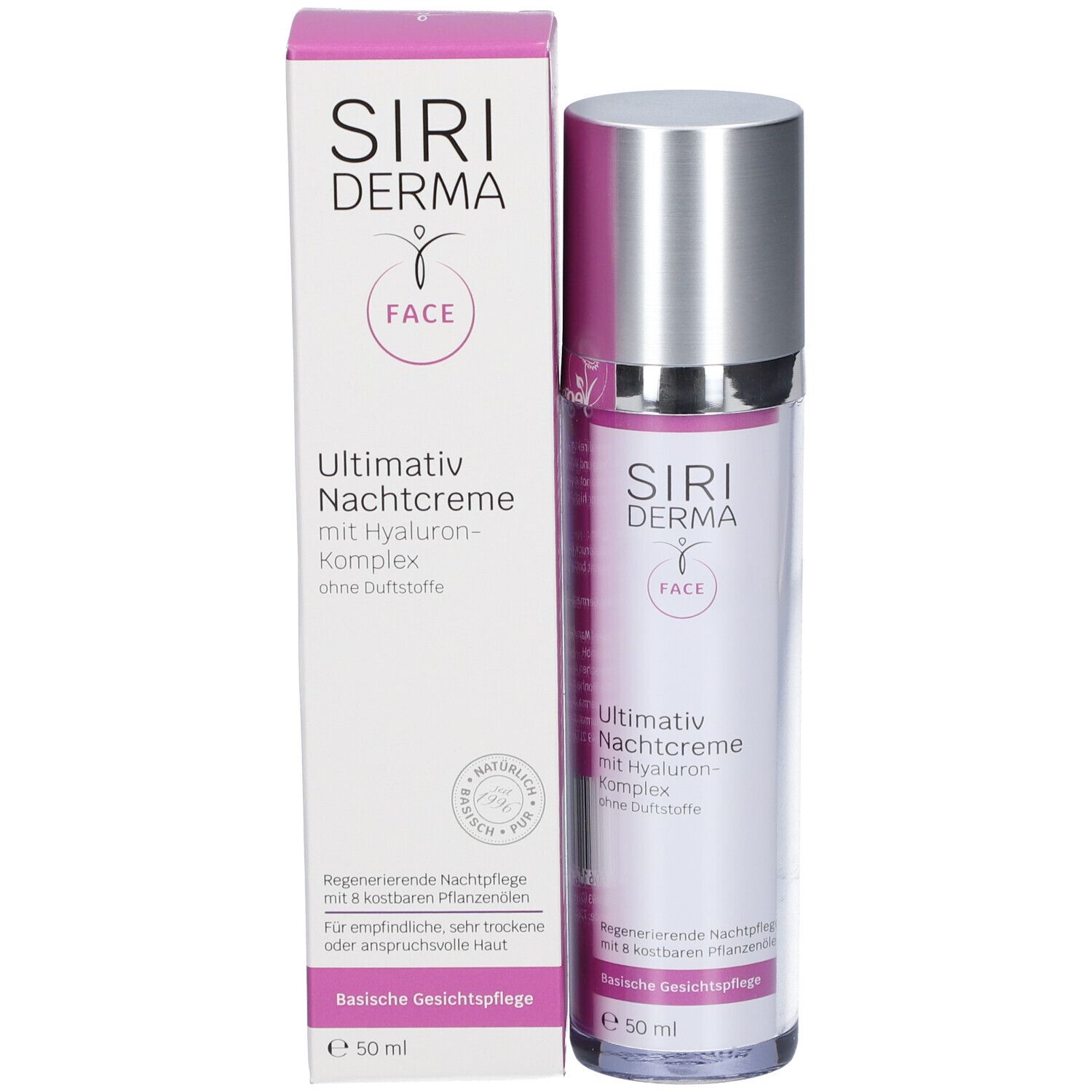 Flacon de crème et boîte. Inscription : SIRIDERMA, Ultimatv Nachtcreme. Label végan.