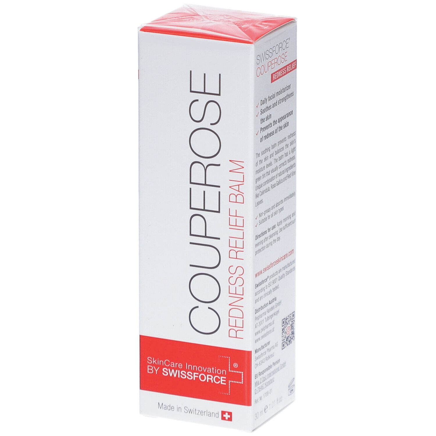 Emballage de COUPEROSE REDNESS RELIEF BALM. Blanc avec texte rouge. Marque SWISSFORCE®.