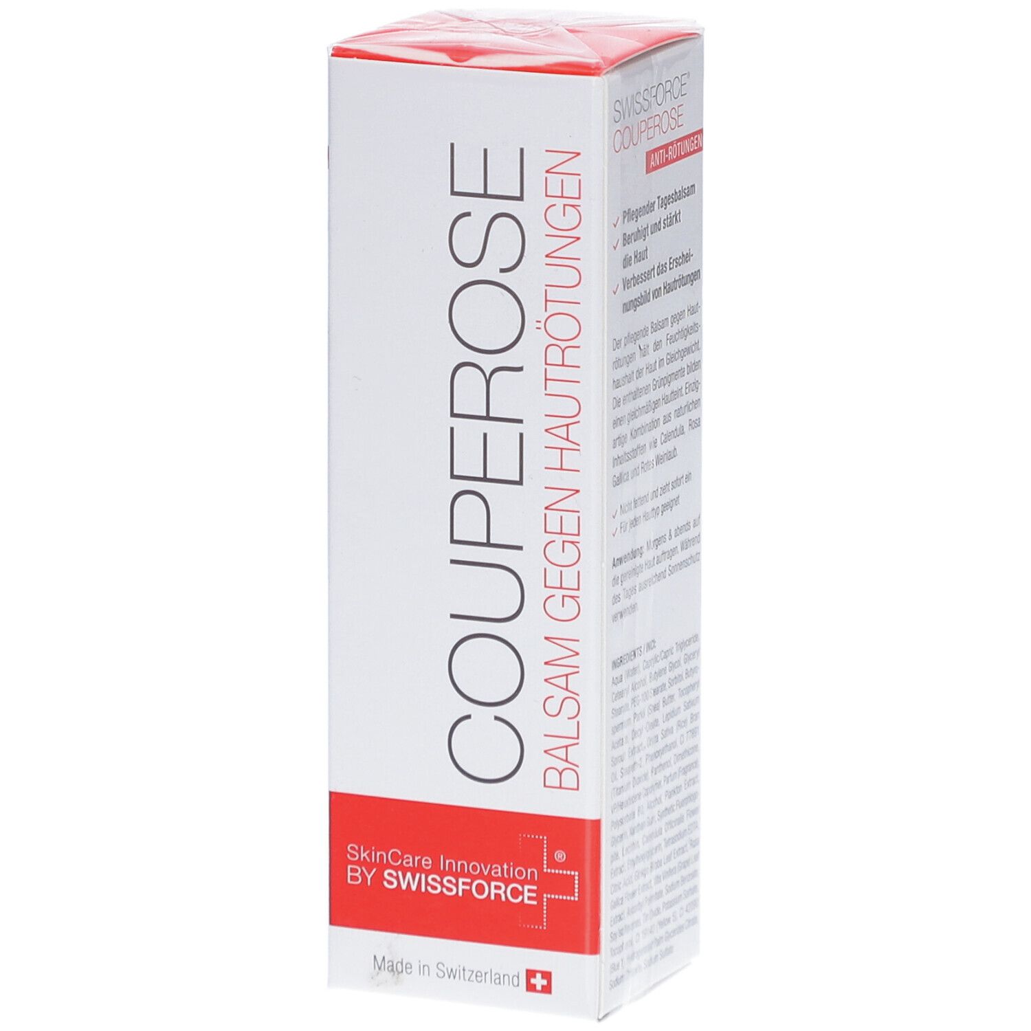 Emballage de COUPEROSE BALSAM GEGEN HAUTRÖTUNGEN. Blanc avec texte rouge. Marque SWISSFORCE®.