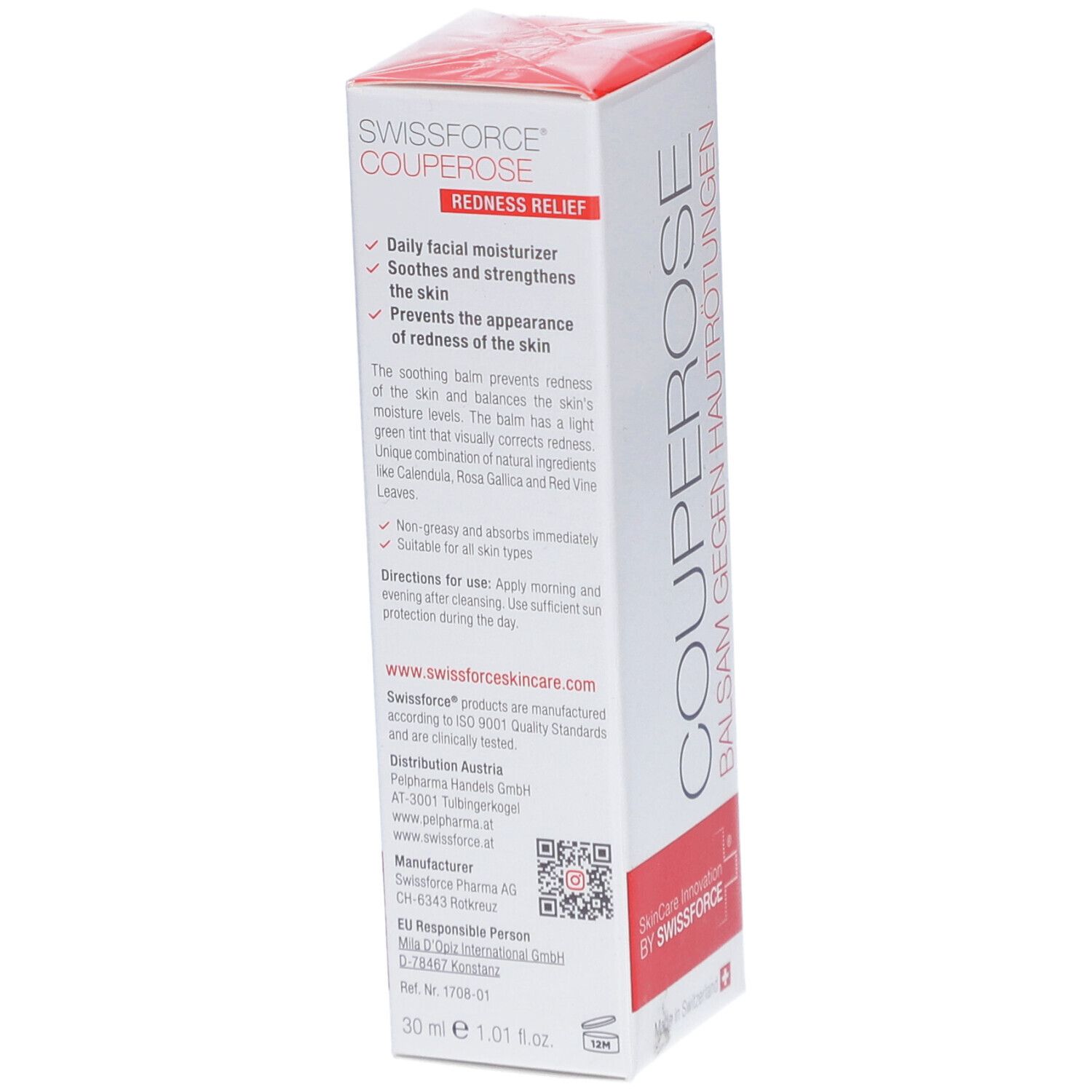 Emballage de COUPEROSE. Texte : REDNESS RELIEF. Instructions d'utilisation et ingrédients. Marque SWISSFORCE®.