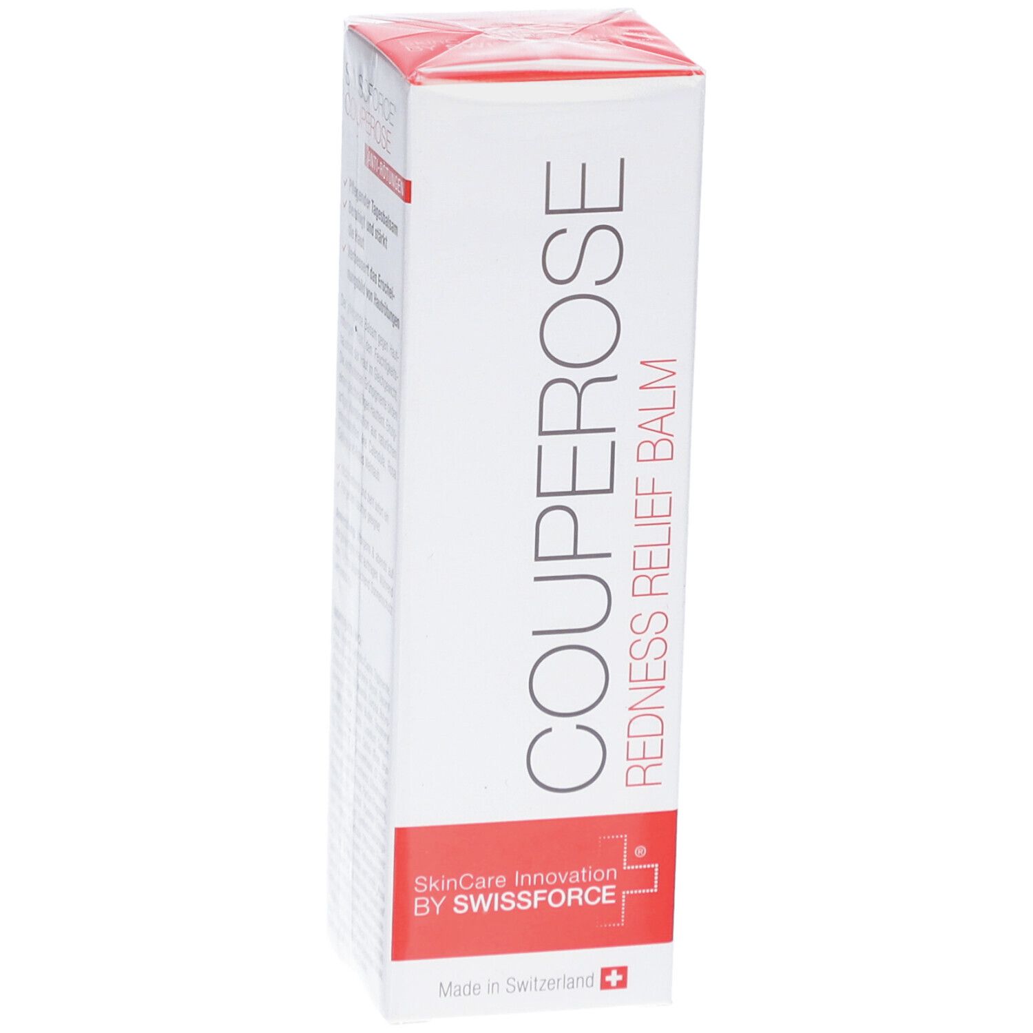 Emballage de COUPEROSE REDNESS RELIEF BALM. Blanc avec texte rouge. Marque SWISSFORCE®.