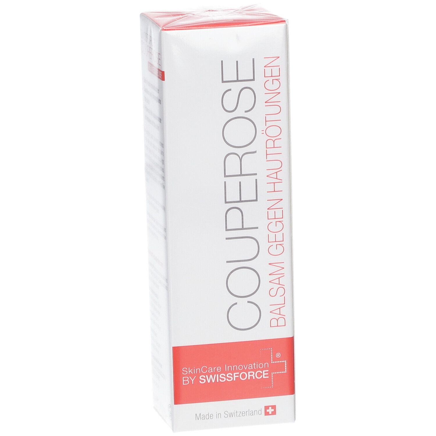 Emballage de COUPEROSE BALSAM GEGEN HAUTRÖTUNGEN. Blanc avec texte rouge. Marque SWISSFORCE®.
