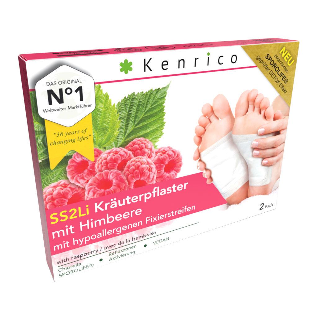 Boîte de Kenrico SS2Li Kräuterpflaster mit Himbeere. Montre des framboises, des feuilles et des pieds avec des patchs. Contient 2 pads.