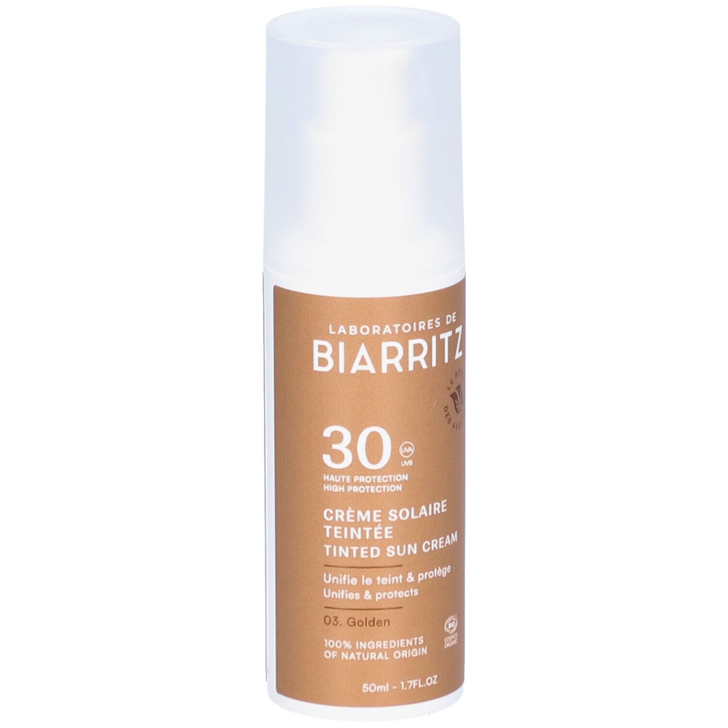 Flacon de crème solaire. Flacon blanc avec étiquette marron. Texte: 30, Crème Solaire Teintée, ALGAMARIS, Haute Protection Visage, Teinte Dorée.