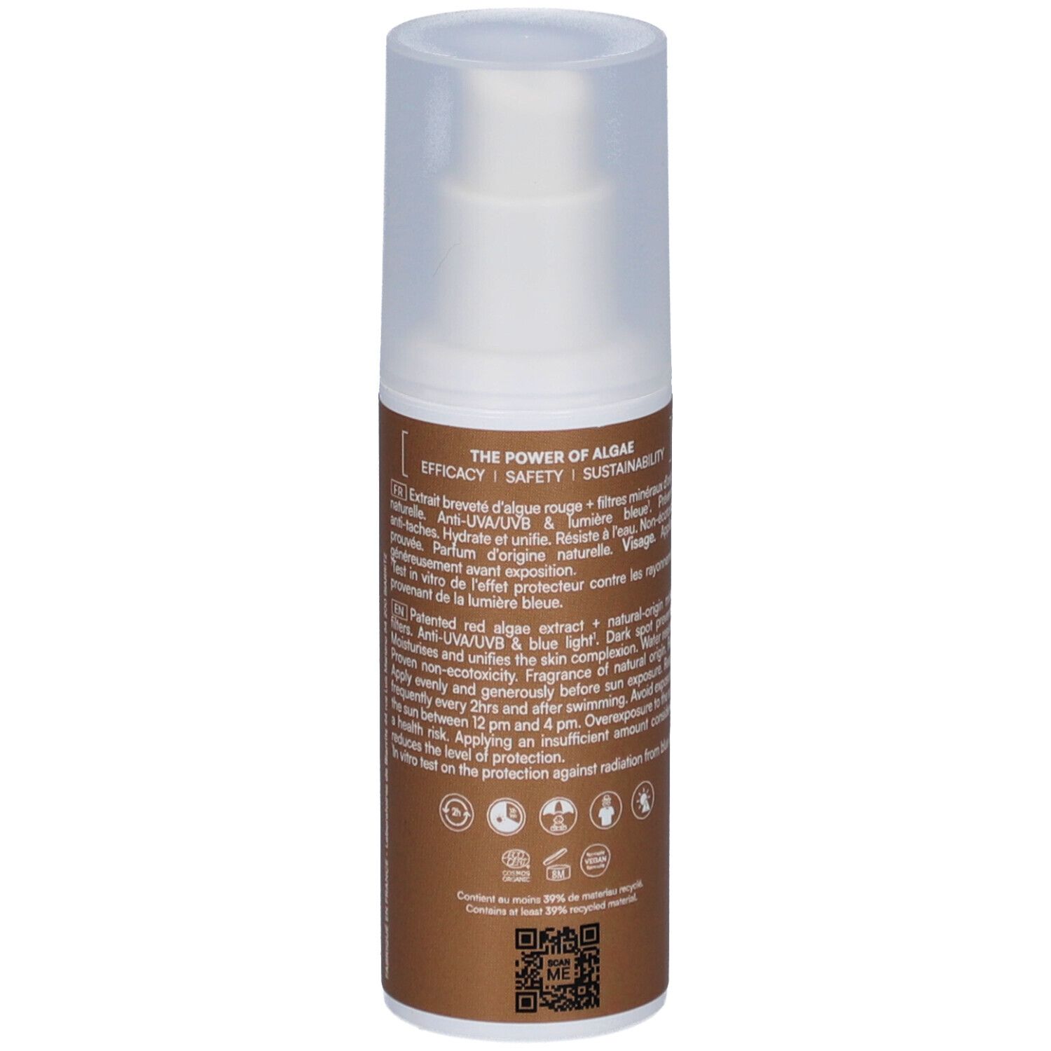 Flacon de crème solaire. Flacon blanc avec étiquette marron. Texte: Haute Protection Solaire, Origine Naturelle. Dos avec informations.