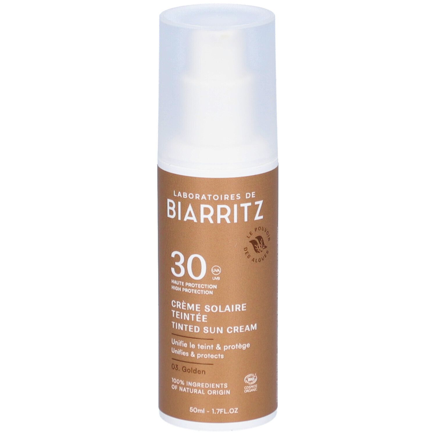 Flacon de crème solaire. Flacon blanc avec étiquette marron. Texte: 30, Crème Solaire Teintée, ALGAMARIS, Haute Protection Visage, Teinte Dorée.