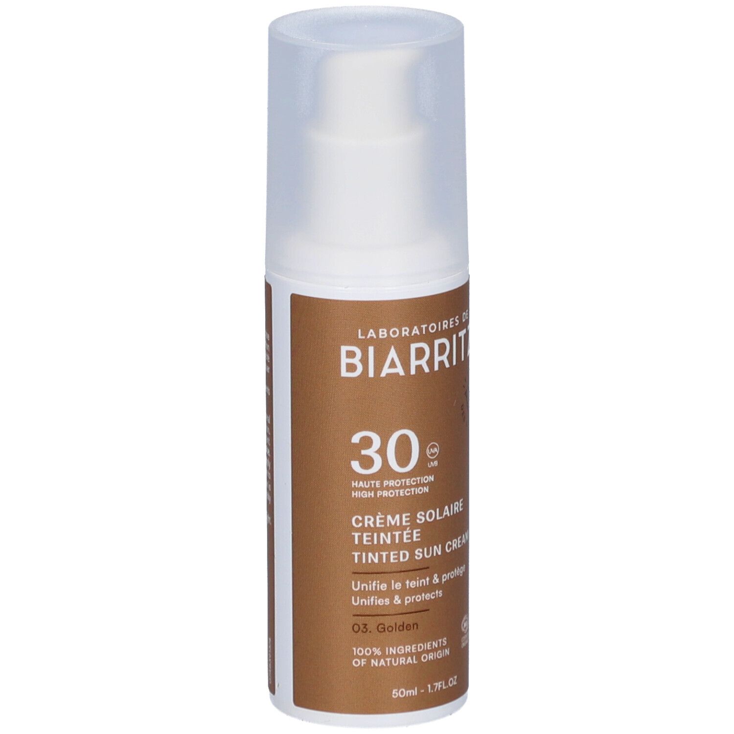 Flacon de crème solaire. Flacon blanc avec étiquette marron. Texte: 30, Crème Solaire Teintée, ALGAMARIS, Haute Protection Visage, Teinte Dorée.
