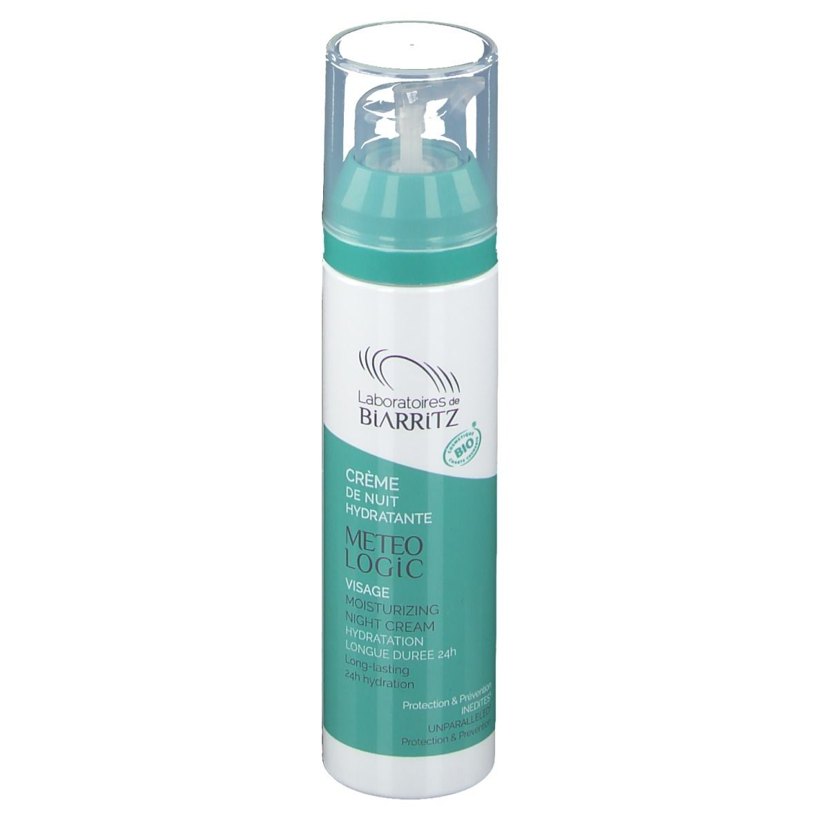 Flacon de crème blanc et turquoise. Inscriptions: Laboratoires de BIARRITZ, Crème de Nuit Hydratante, METEO LOGIC, Visage.
