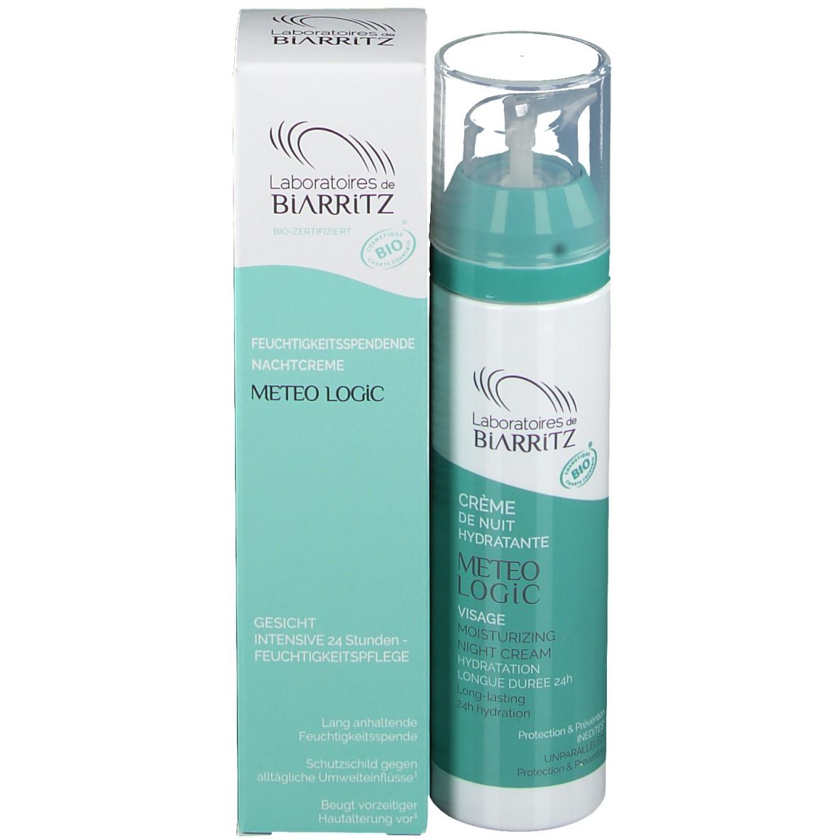 Flacon de crème et boîte. Inscriptions: Laboratoires de BIARRITZ, METEO LOGIC, Crème de nuit, BIO. Boîte: Soin hydratant.