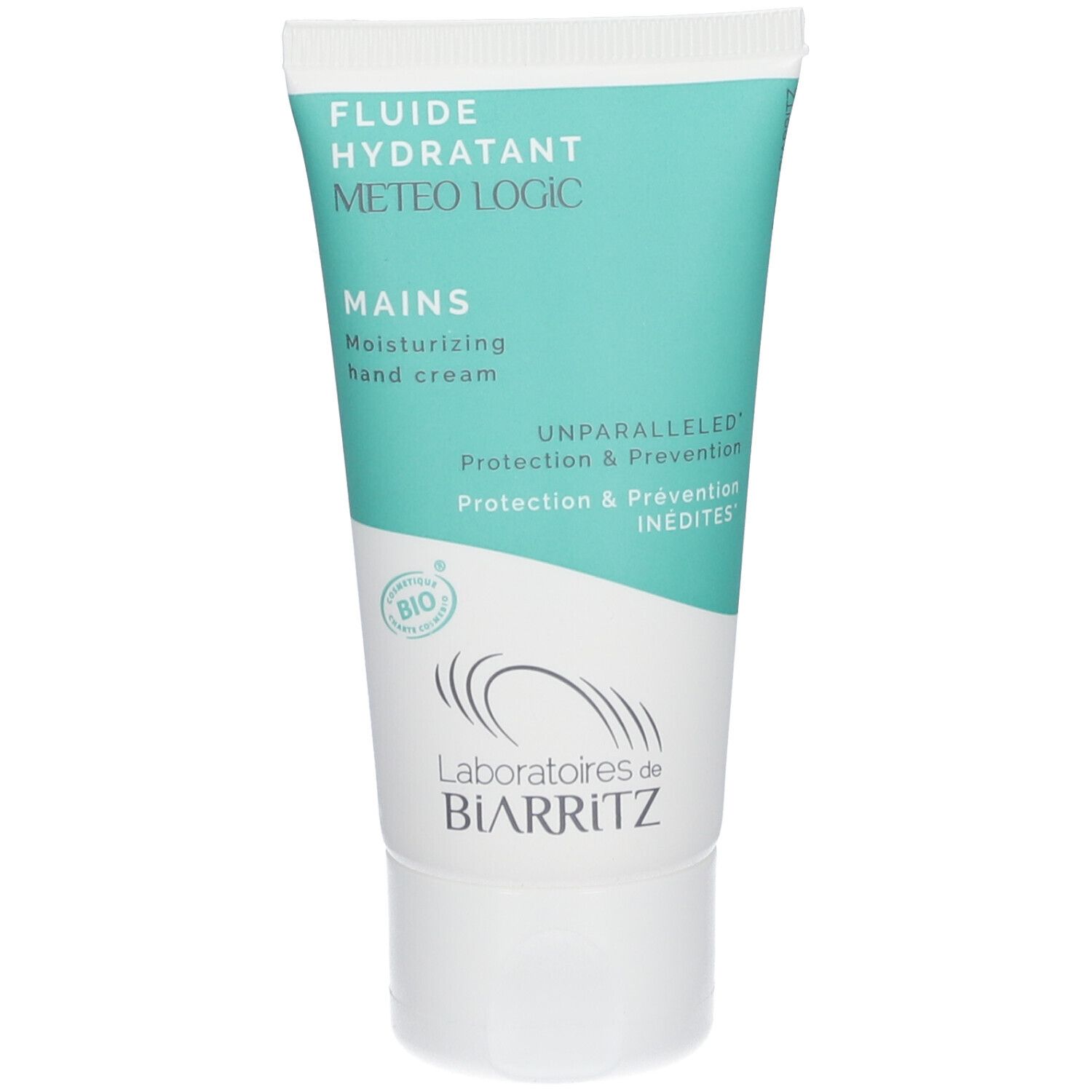 Tube de fluide hydratant METEO LOGIC. Inscription Mains, logo Bio. Design blanc et turquoise.