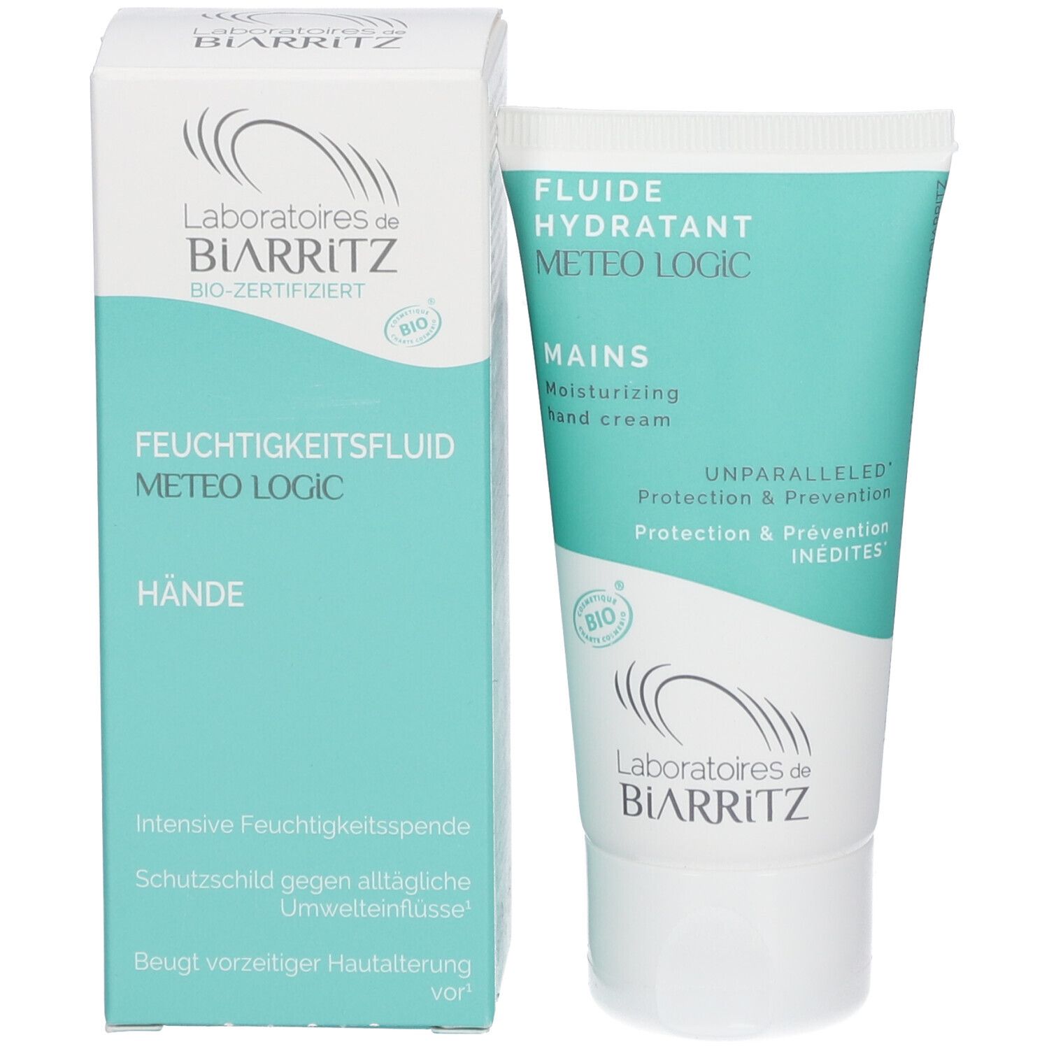Emballage et tube. Inscription : Fluide hydratant METEO LOGIC, Mains, logo Bio. Design blanc et turquoise.