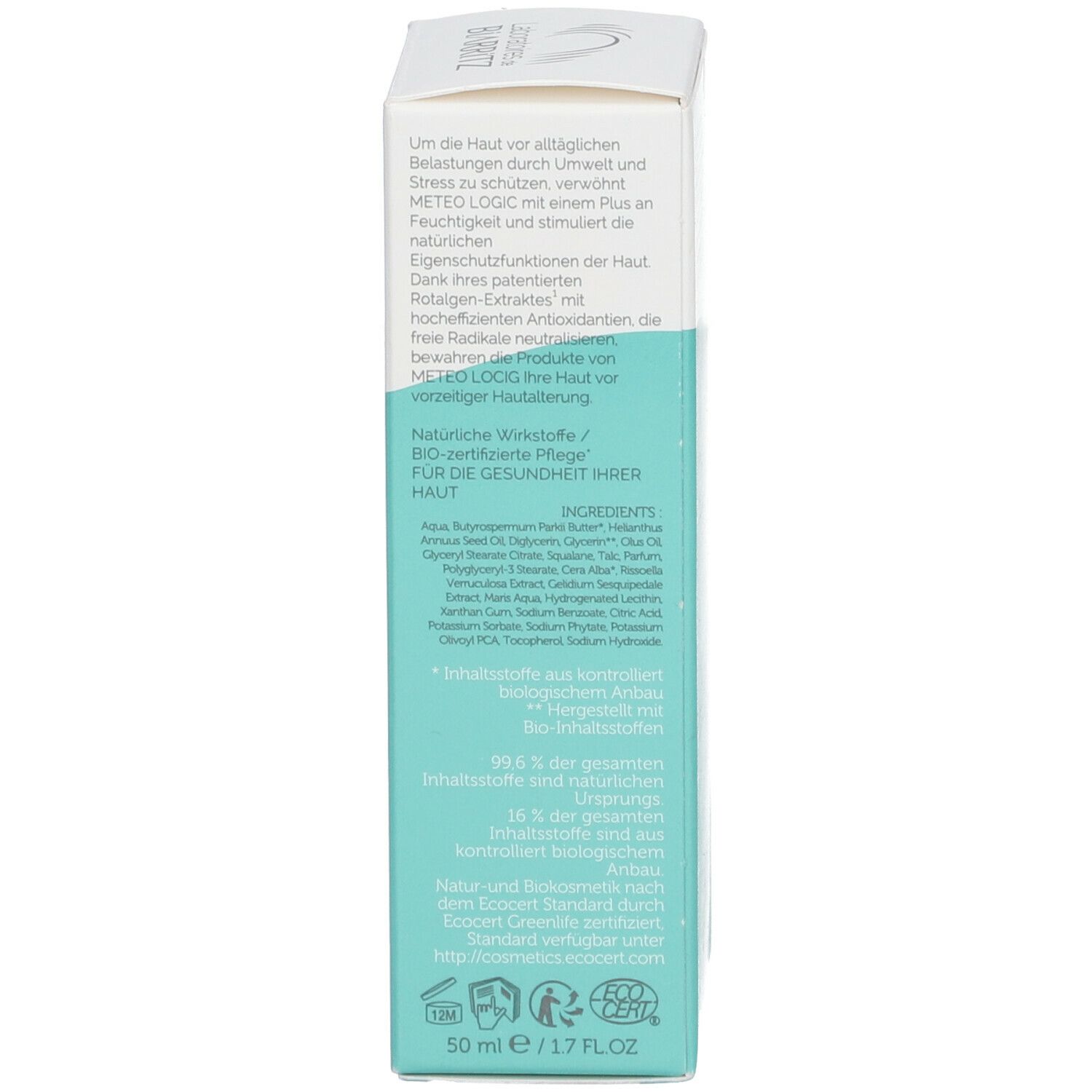Côté de l'emballage. Ingrédients, logo Bio, logo Laboratoires de Biarritz. 50 ml.