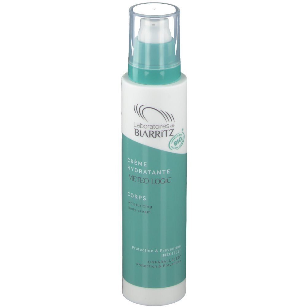 Flacon blanc et turquoise avec pompe doseuse. Inscription: Laboratoires de Biarritz, Crème hydratante Meteo Logic, Corps.