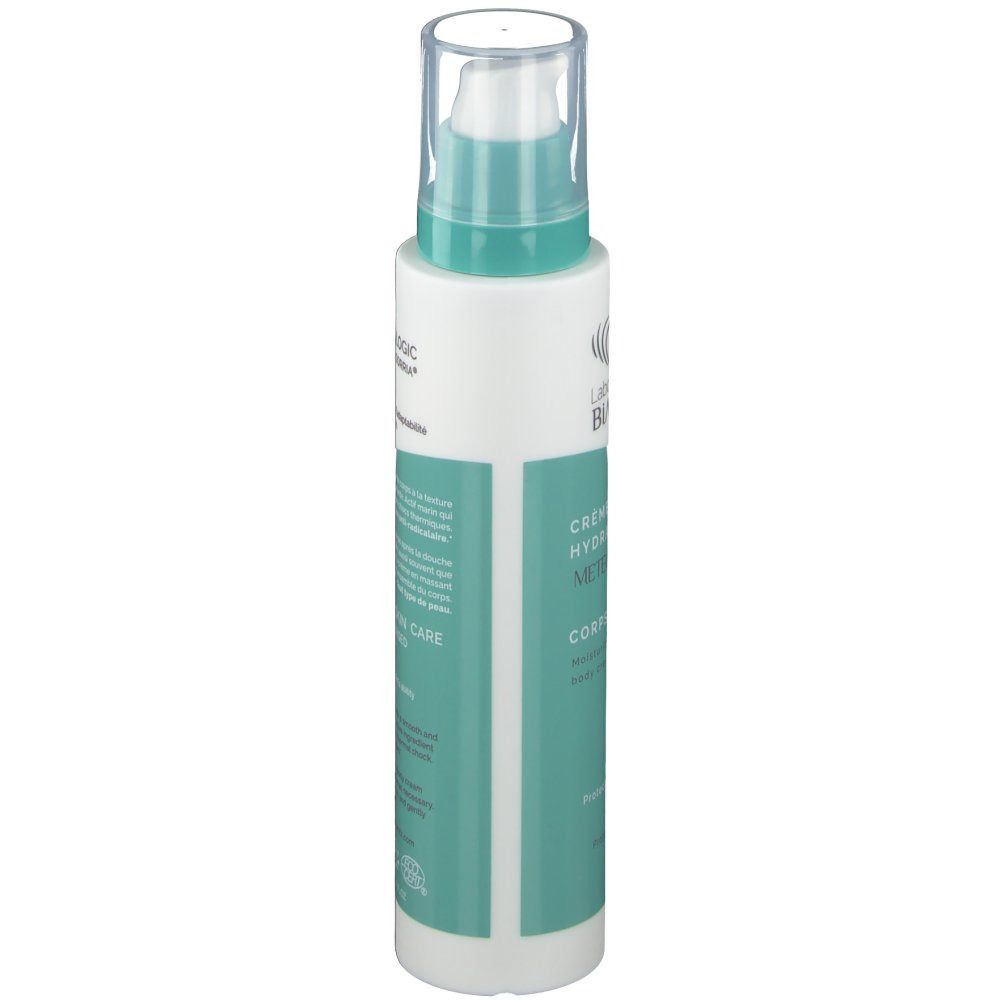 Flacon blanc et turquoise avec pompe doseuse. Inscription: Laboratoires de Biarritz, Crème hydratante Meteo Logic, Corps.