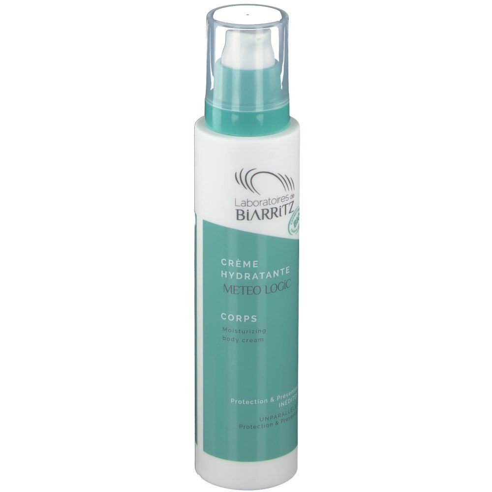 Flacon blanc et turquoise avec pompe doseuse. Inscription: Laboratoires de Biarritz, Crème hydratante Meteo Logic, Corps.
