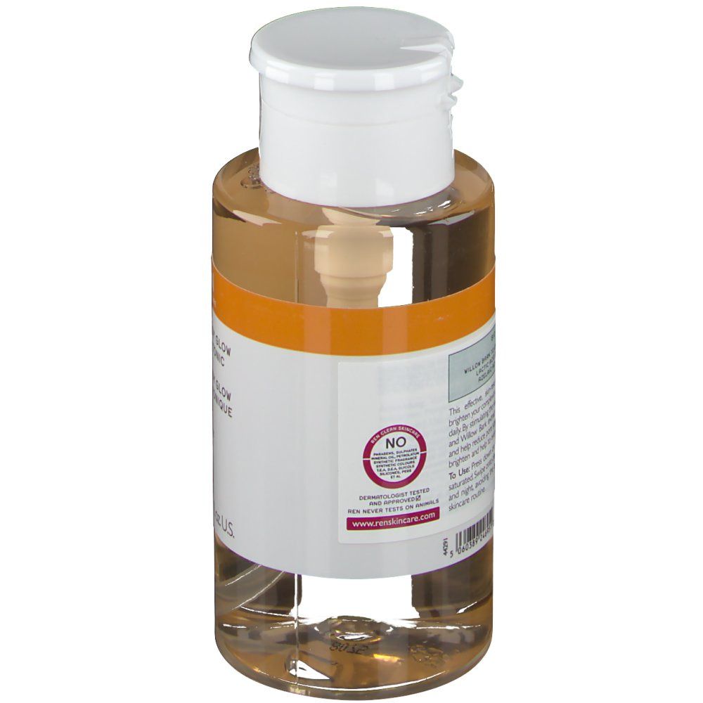 Dos du flacon REN Ready Steady Glow AHA Tonic. Étiquette blanche avec texte. Bande orange.